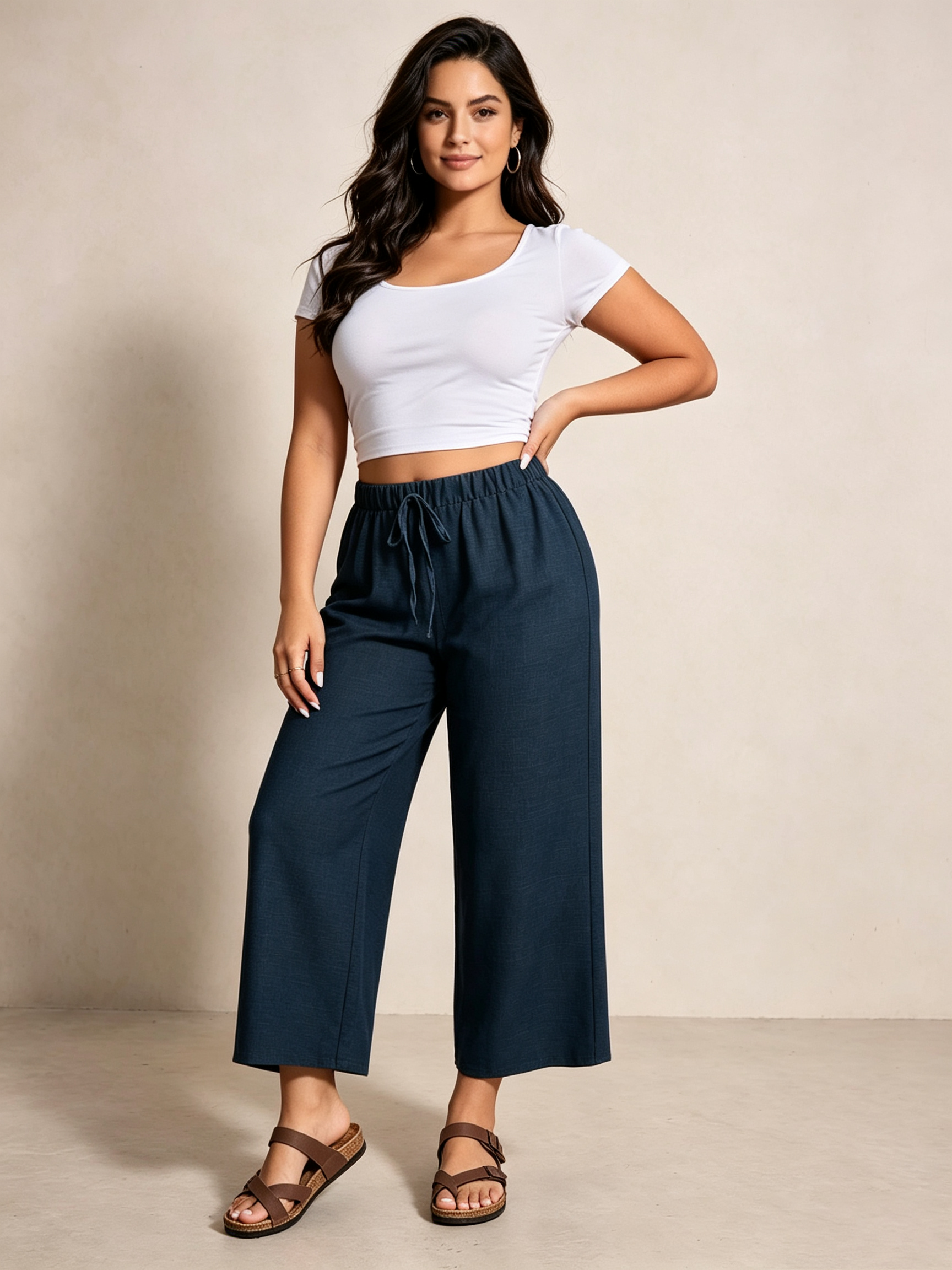 Plus Size Navy Blue Wide-Leg Trousers with Drawstring Waist
