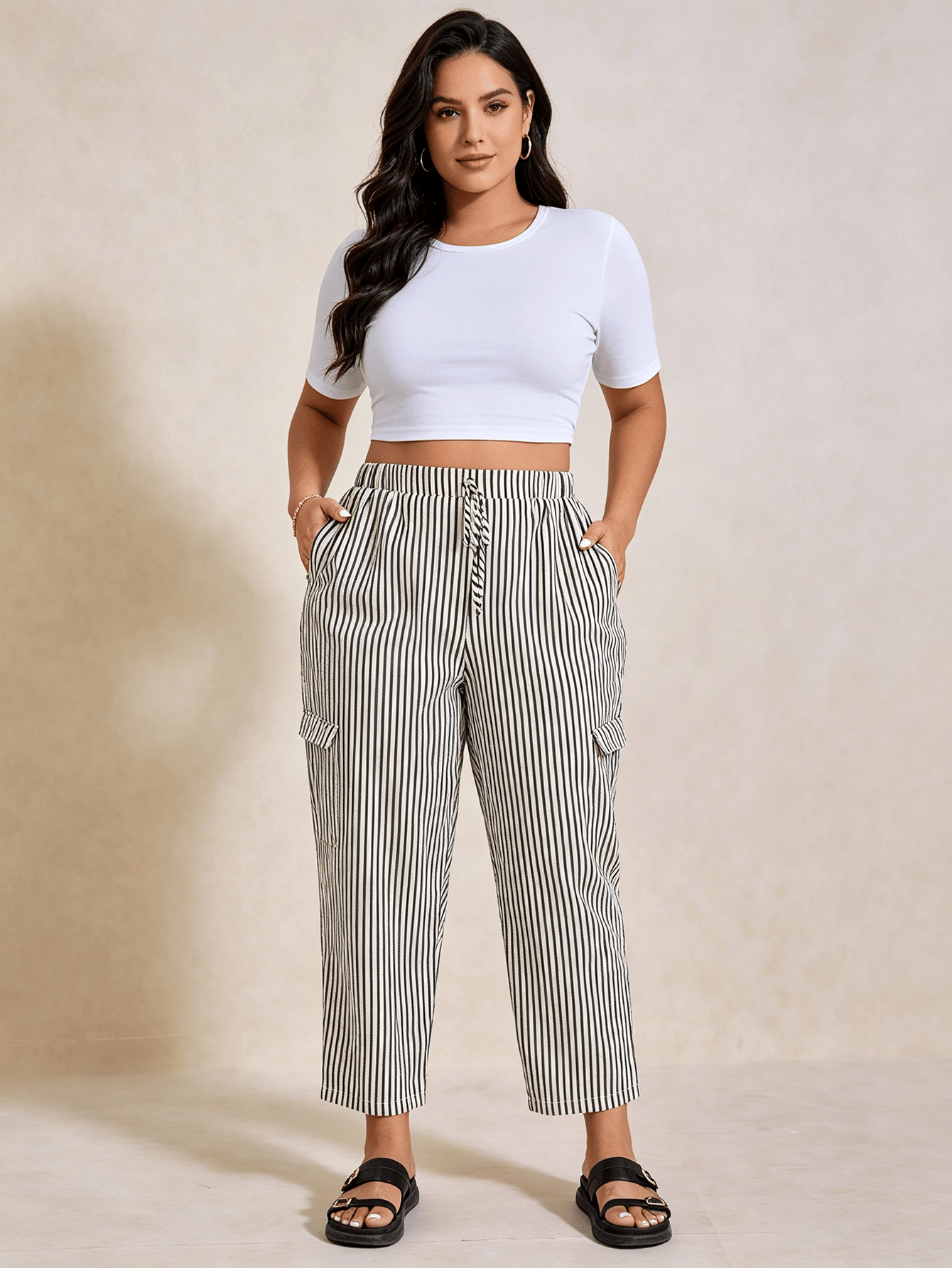 Plus Size Multi-Color Striped Tapered Cropped Trousers
