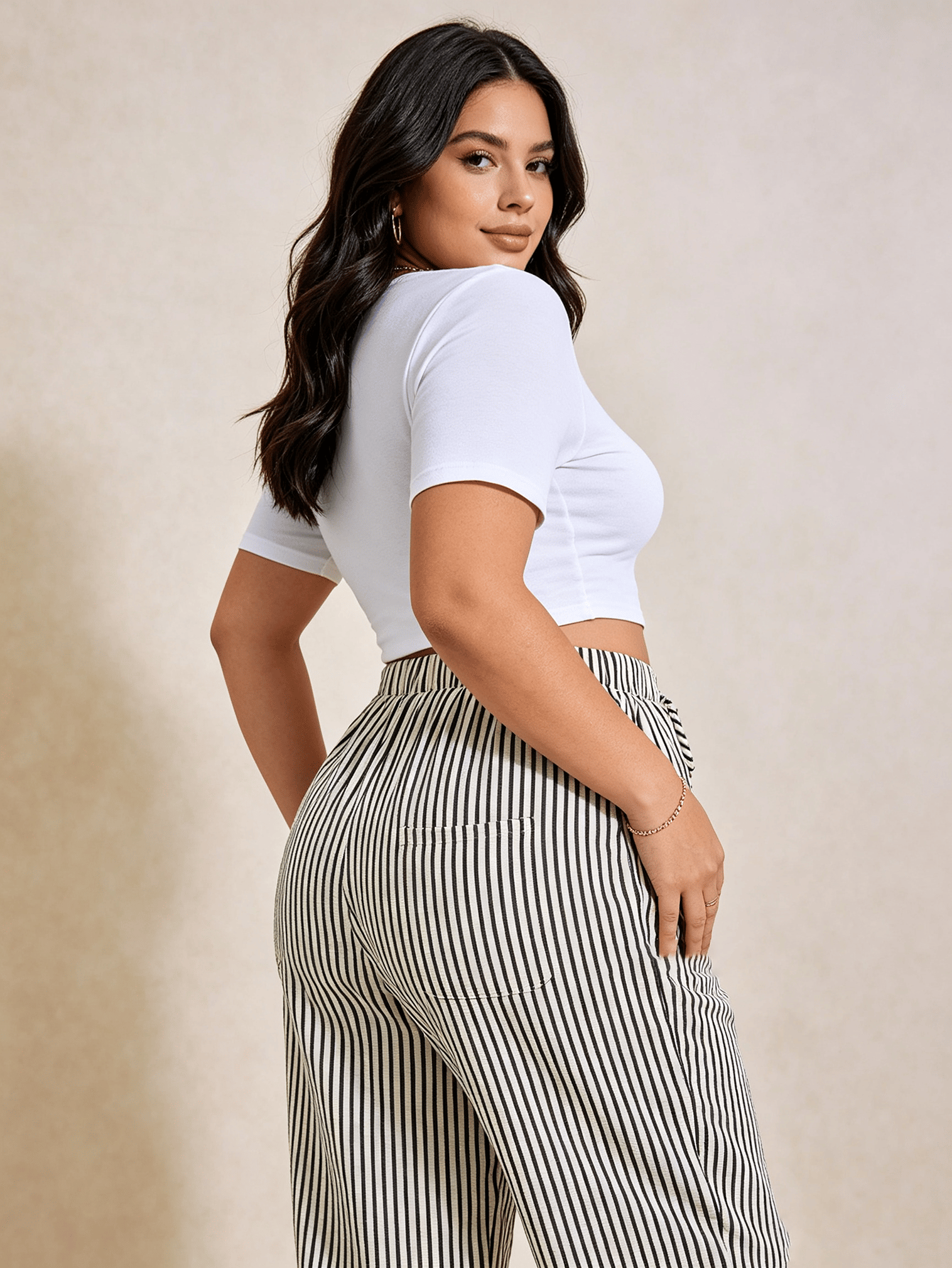 Plus Size Multi-Color Striped Tapered Cropped Trousers