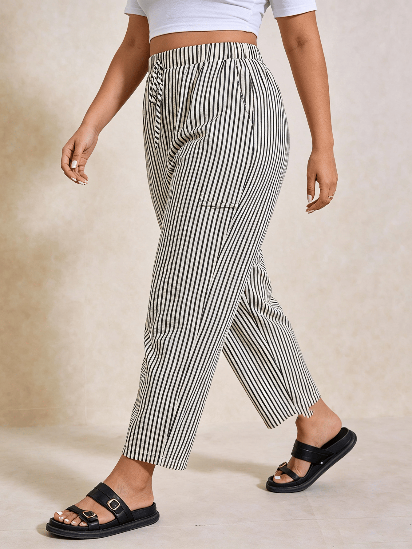 Plus Size Multi-Color Striped Tapered Cropped Trousers