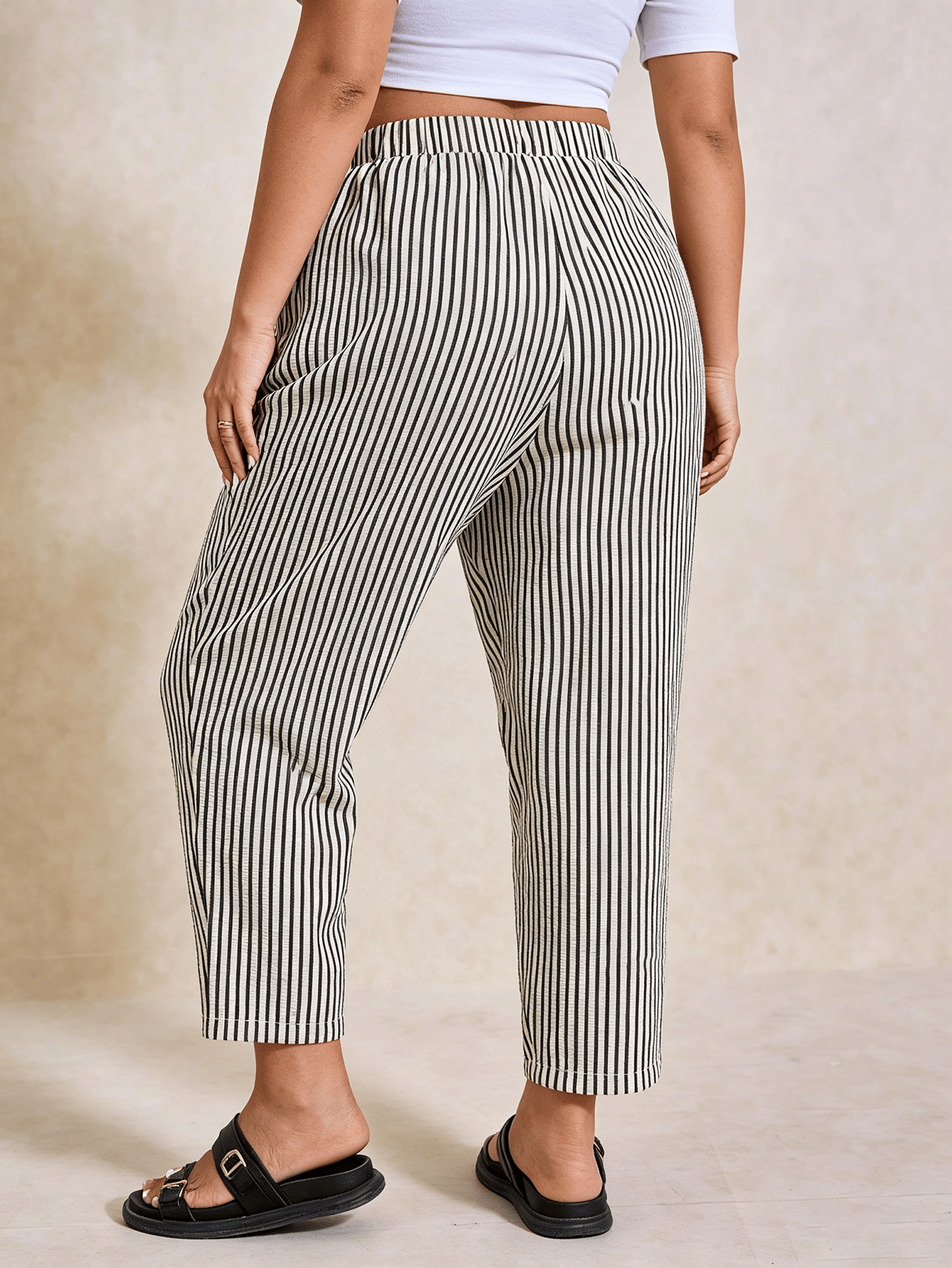 Plus Size Multi-Color Striped Tapered Cropped Trousers