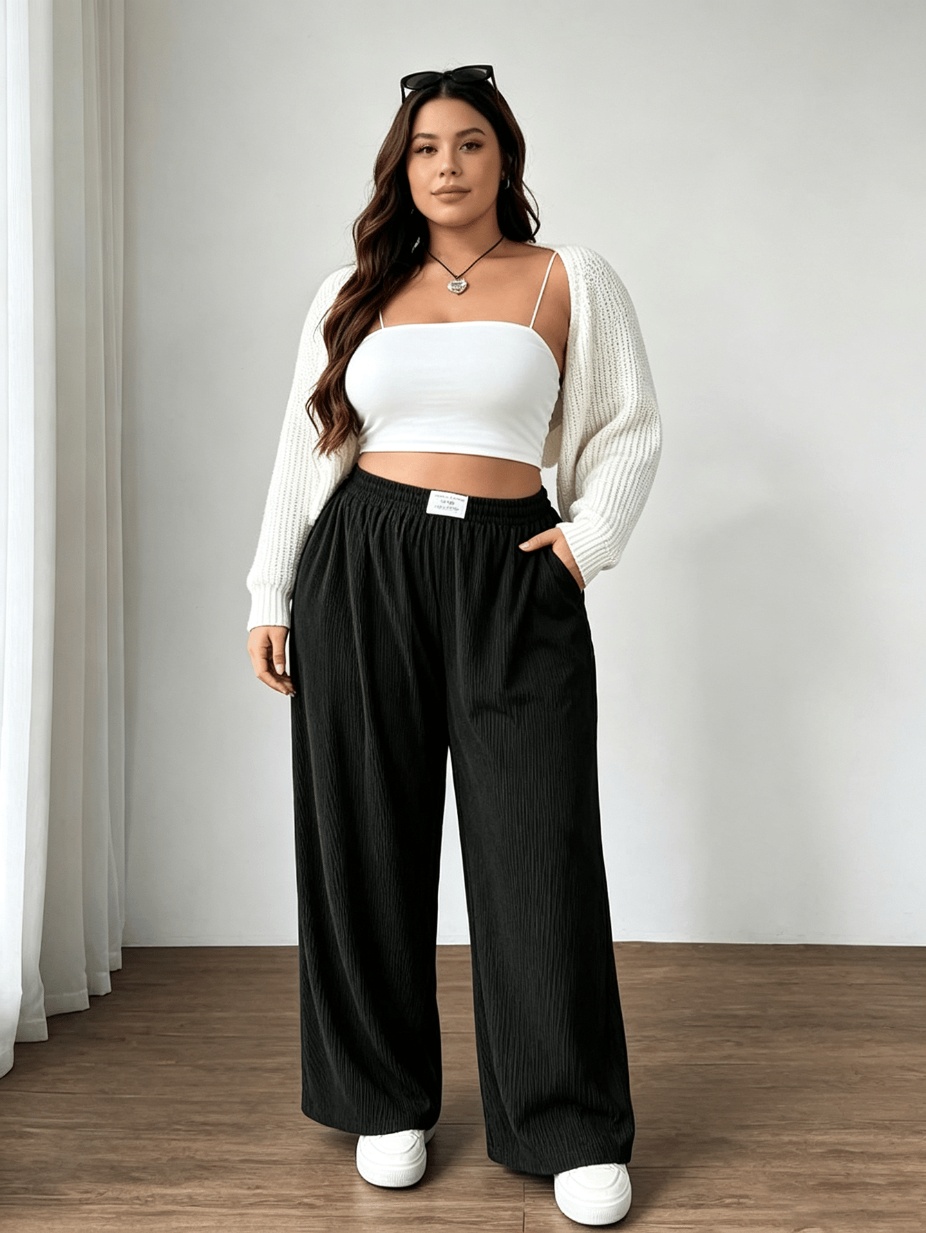 Plus Size Black Corduroy Wide Leg Trousers with Pockets