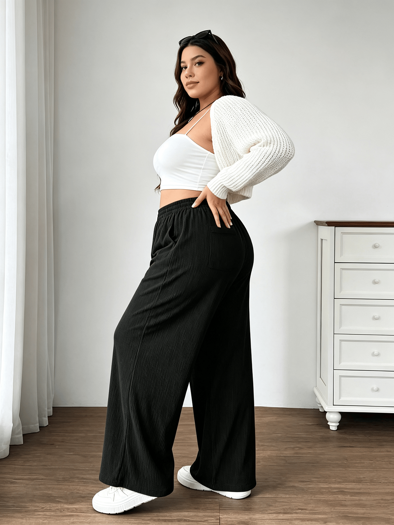 Plus Size Black Corduroy Wide Leg Trousers with Pockets