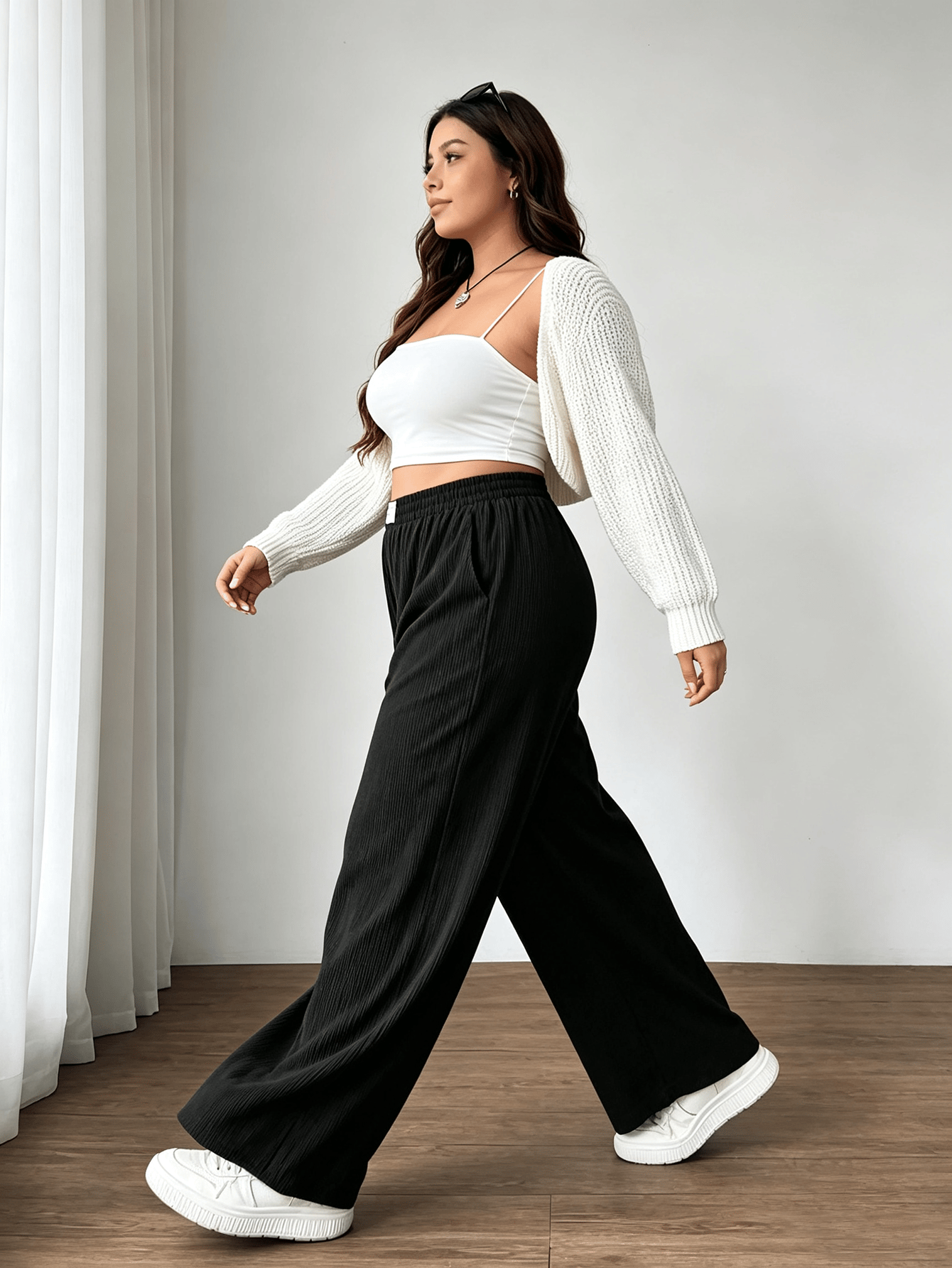 Plus Size Black Corduroy Wide Leg Trousers with Pockets