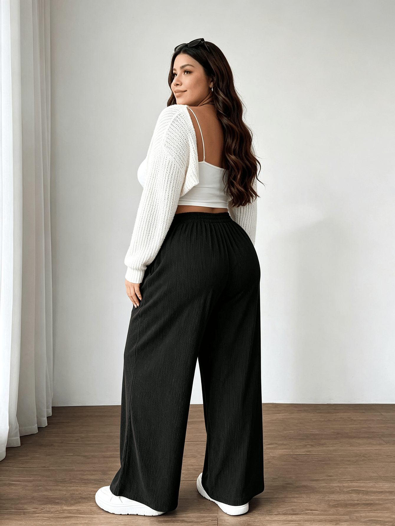 Plus Size Black Corduroy Wide Leg Trousers with Pockets