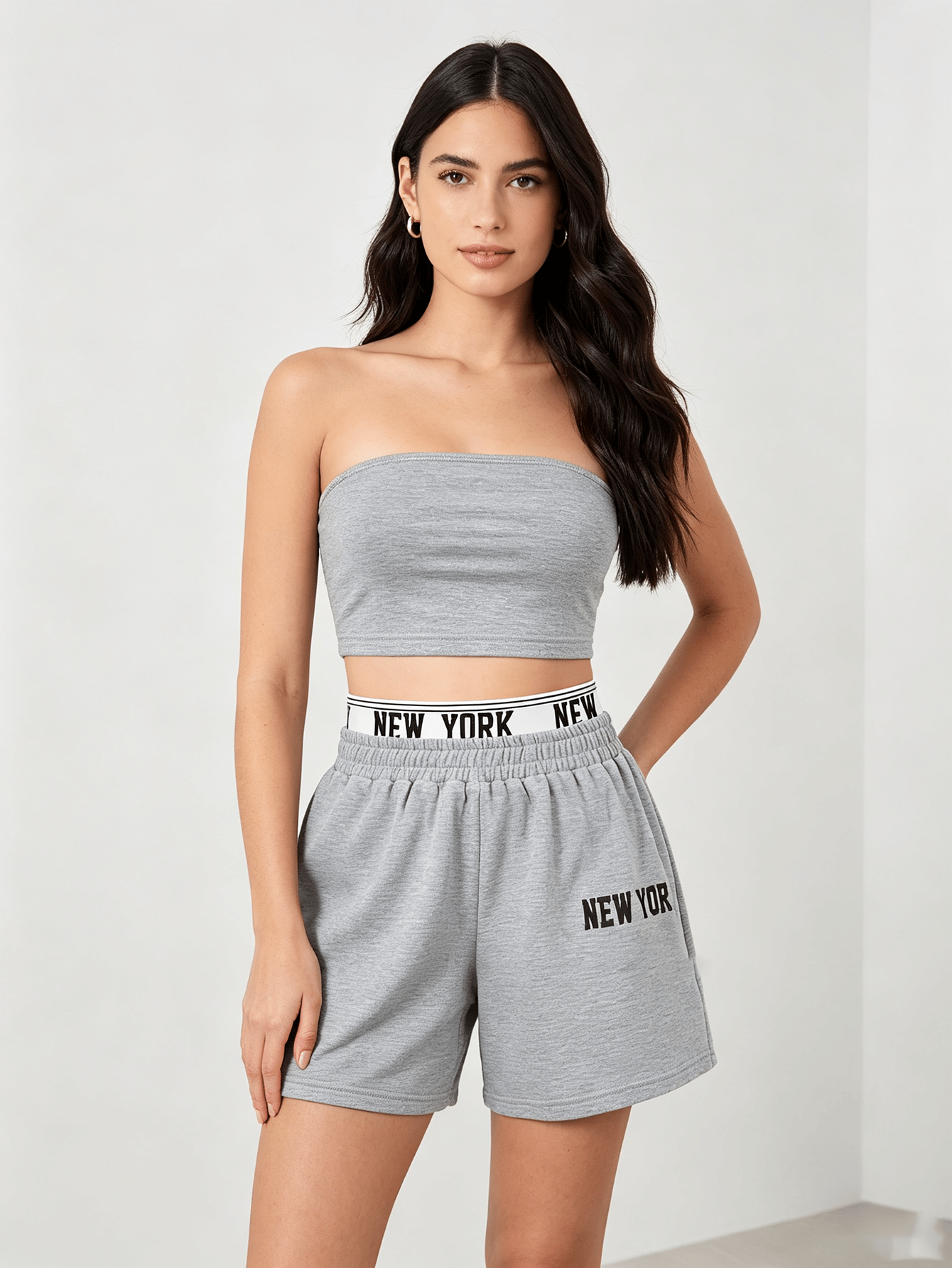 Grey Bandeau Tunic Top and Shorts Set with New York Print