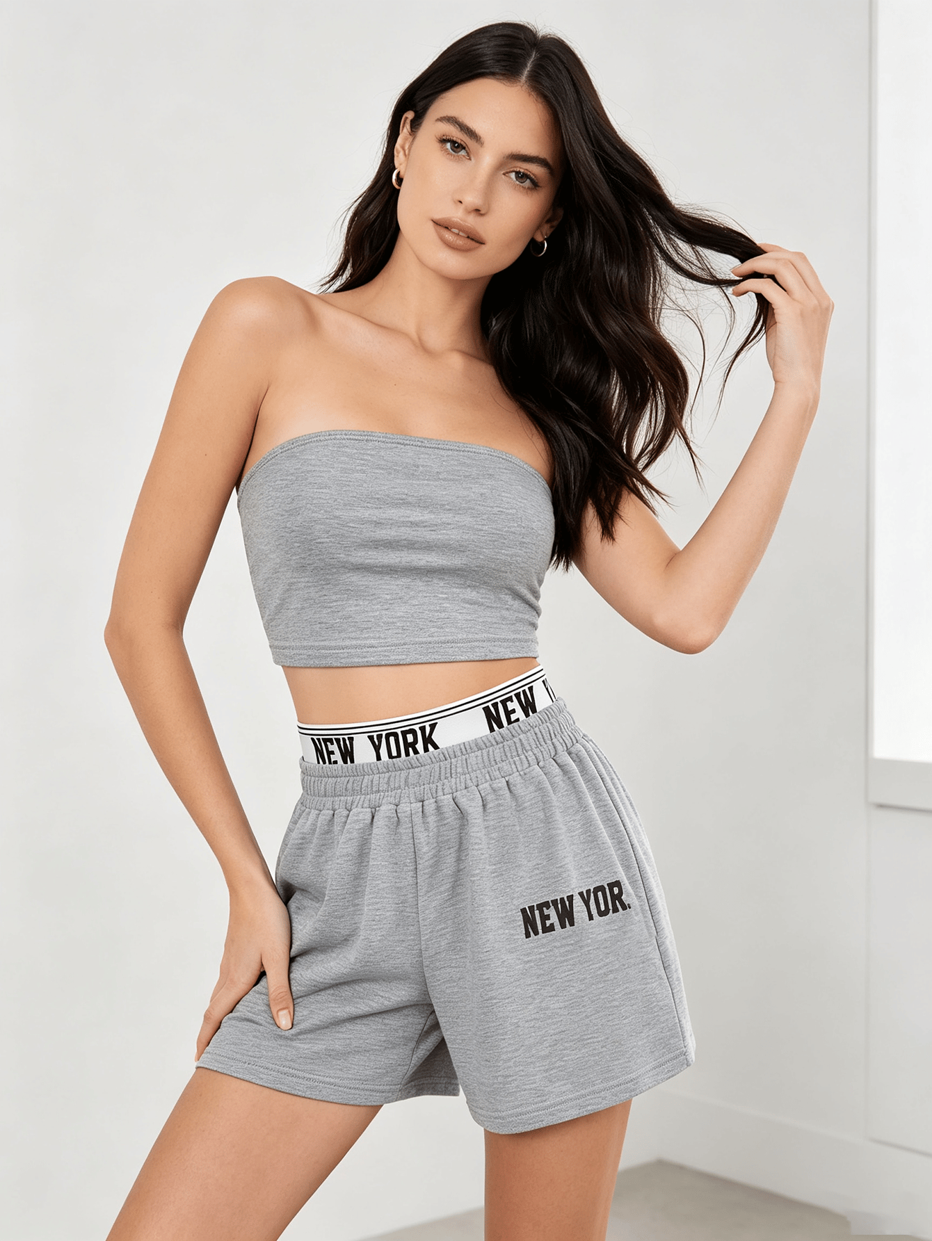 Grey Bandeau Tunic Top and Shorts Set with New York Print