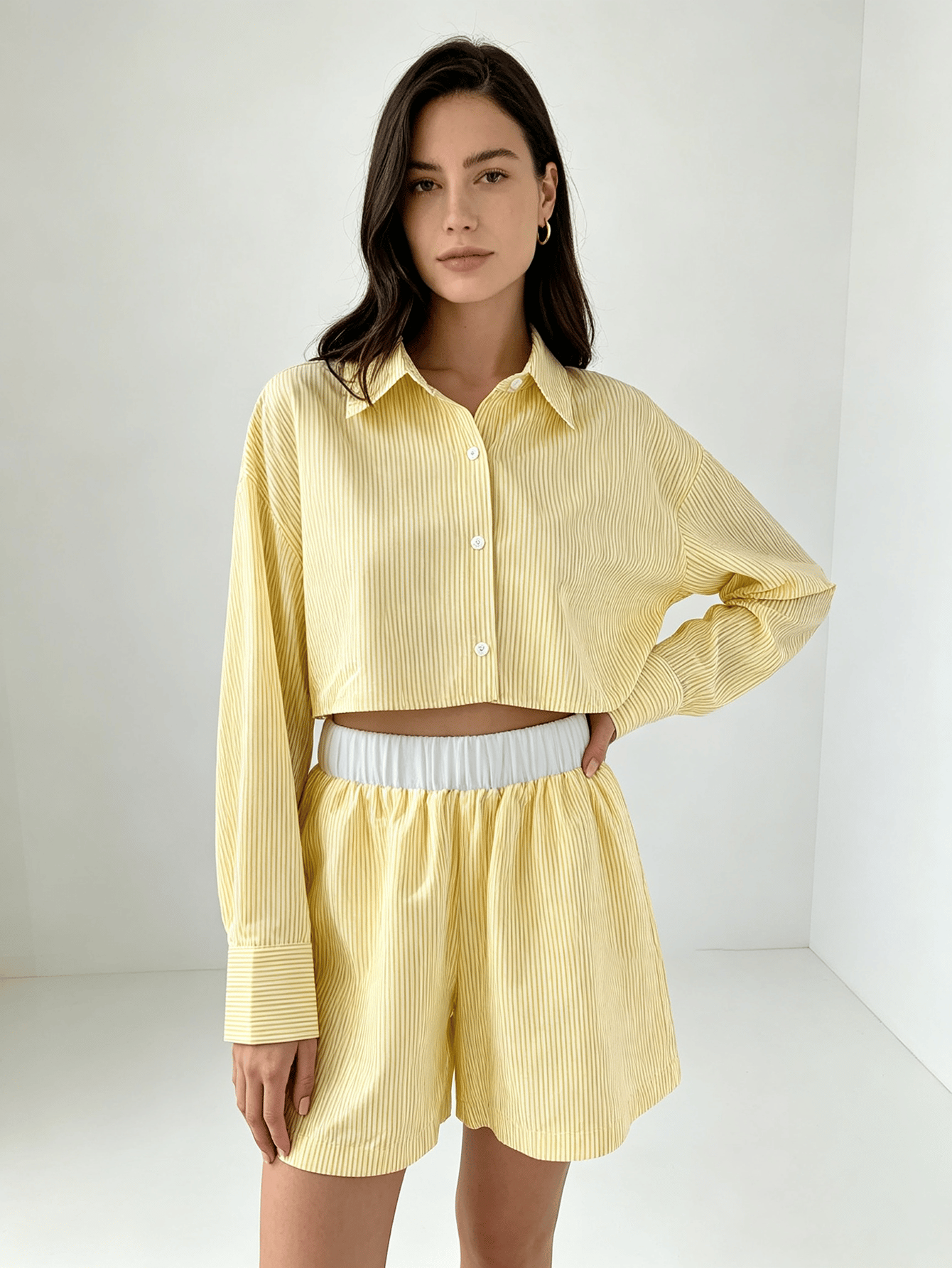 Yellow Striped Cropped Shirt and Shorts Co-Ord Set