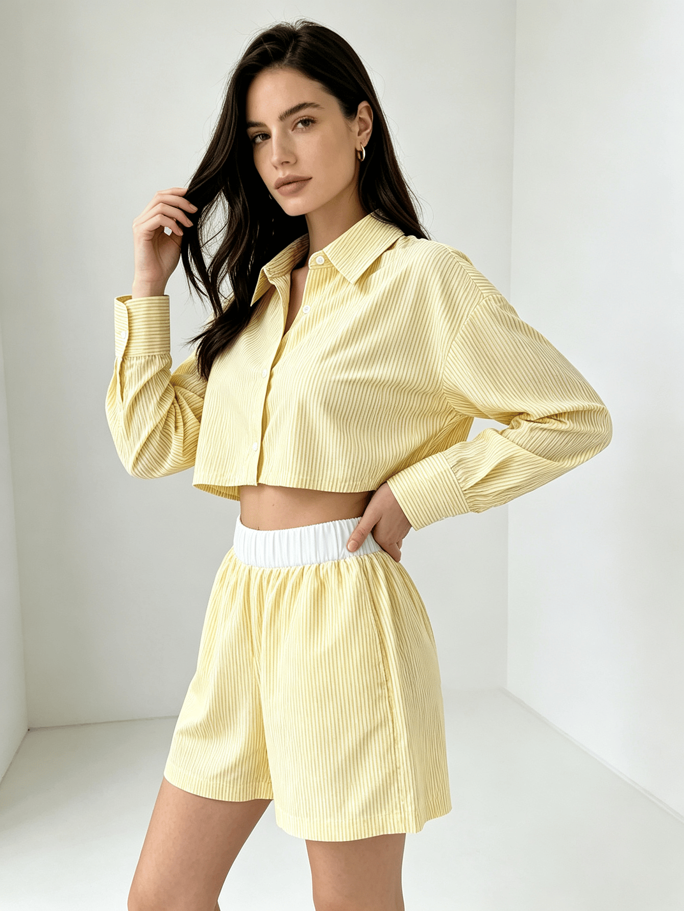 Yellow Striped Cropped Shirt and Shorts Co-Ord Set