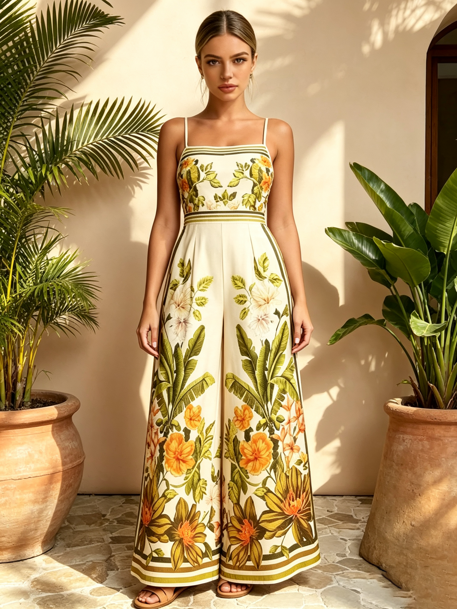Multi-Color Tropical Print Wide-Leg Jumpsuit