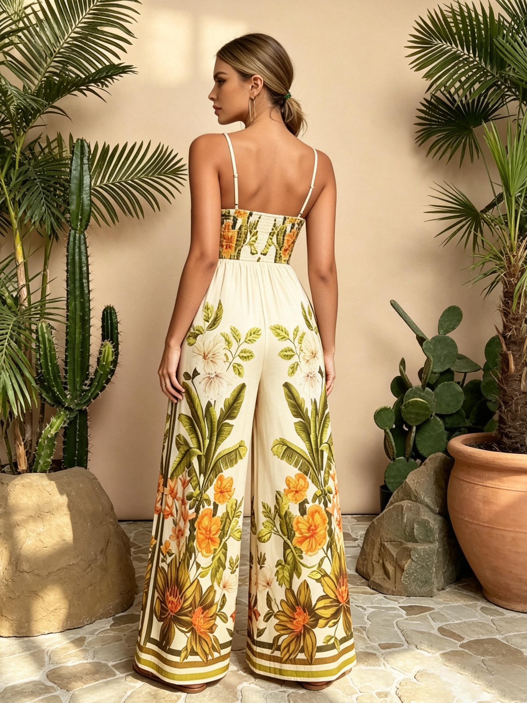 Multi-Color Tropical Print Wide-Leg Jumpsuit