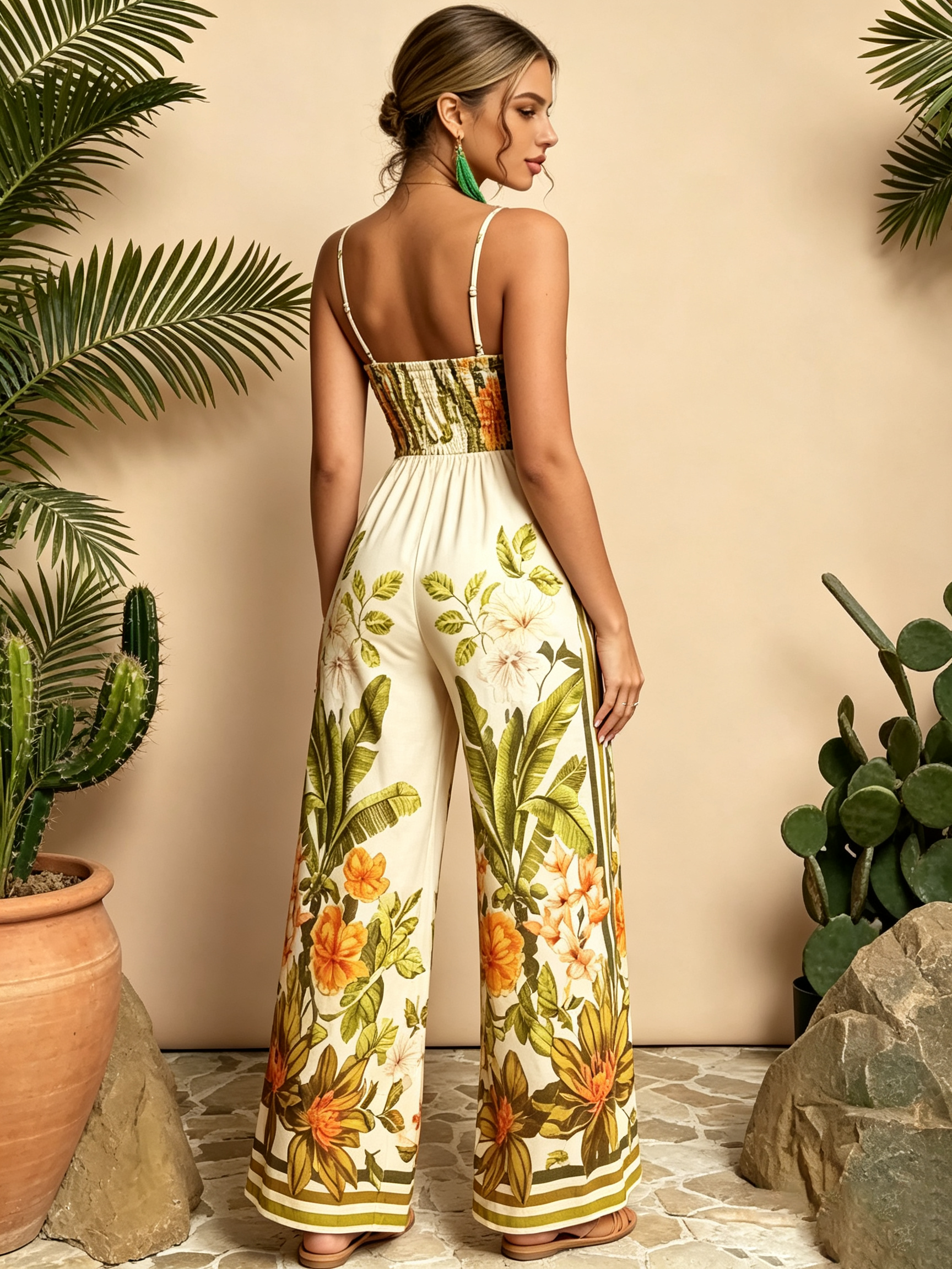 Multi-Color Tropical Print Wide-Leg Jumpsuit