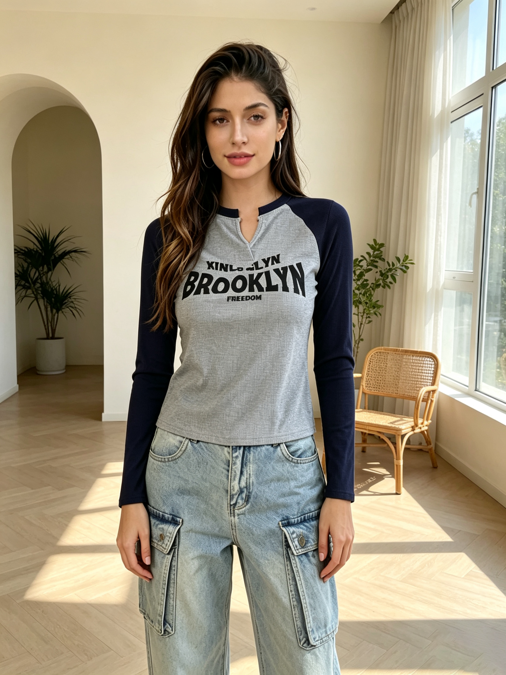 Raglan Sleeve Brooklyn Print Ribbed Top