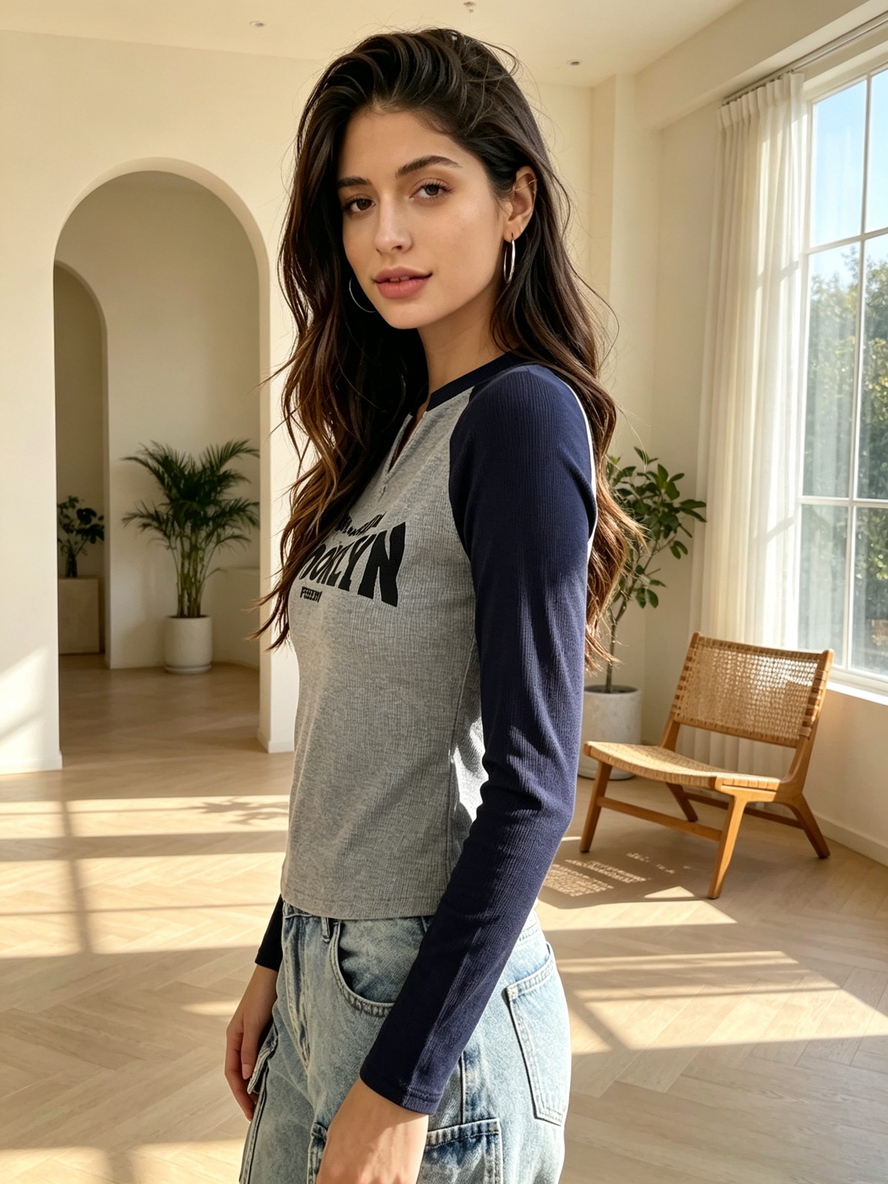 Raglan Sleeve Brooklyn Print Ribbed Top
