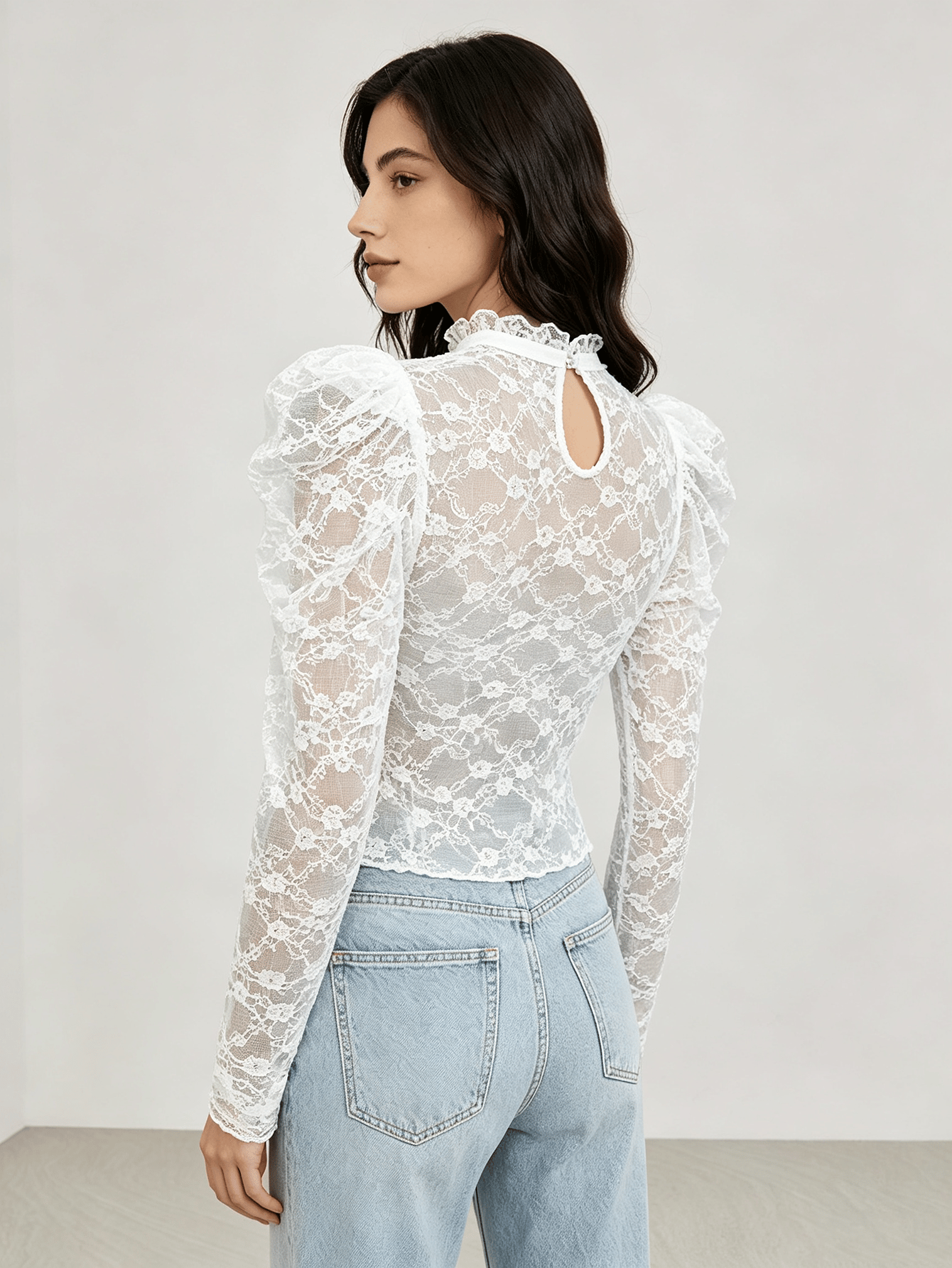 White Lace Mock Neck Puff Sleeve Top