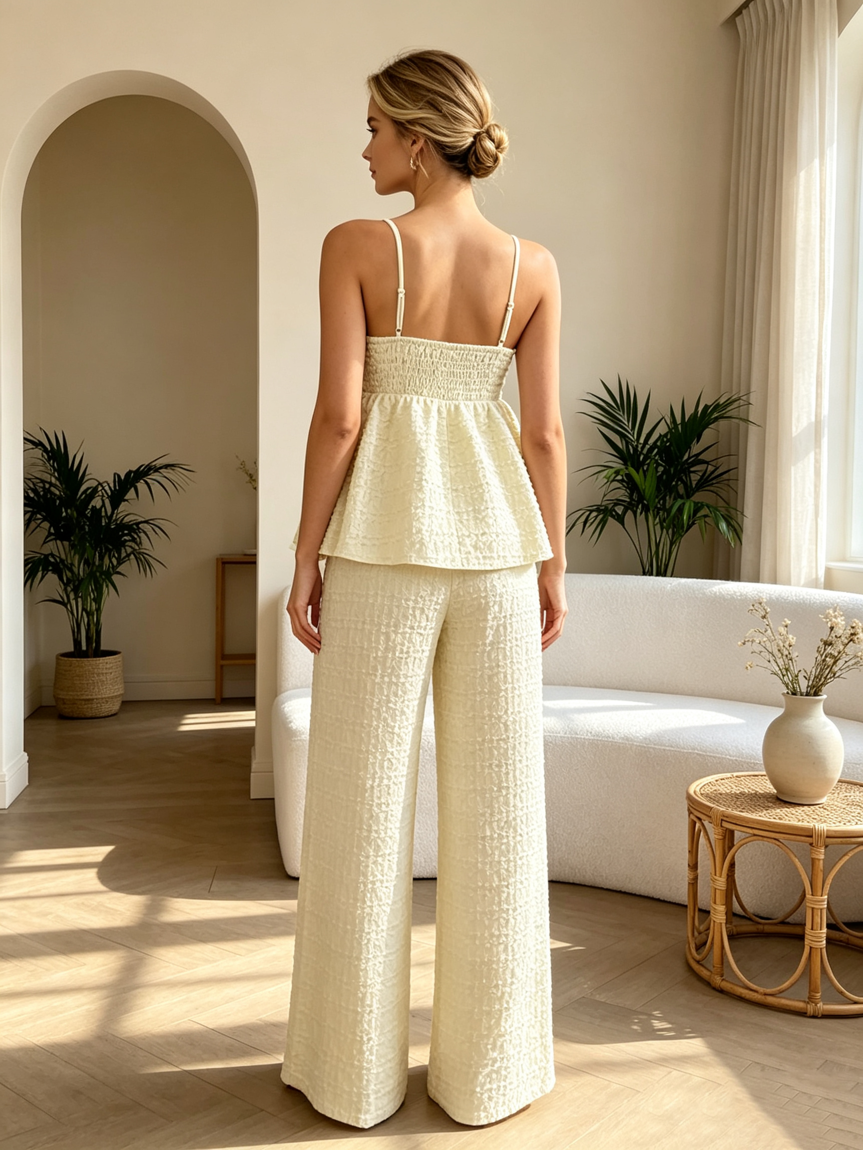Beige Textured Cami Top and Straight Leg Pants Co-Ord Set