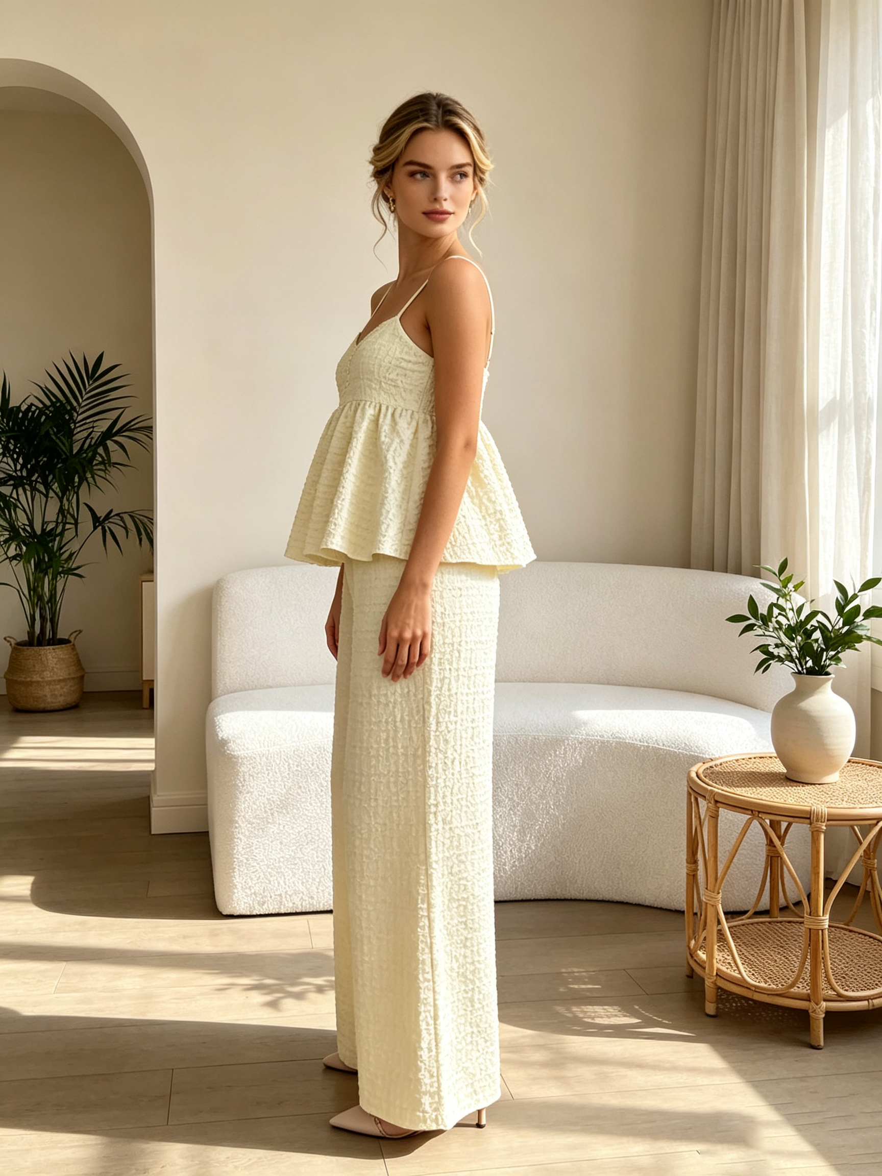 Beige Textured Cami Top and Straight Leg Pants Co-Ord Set