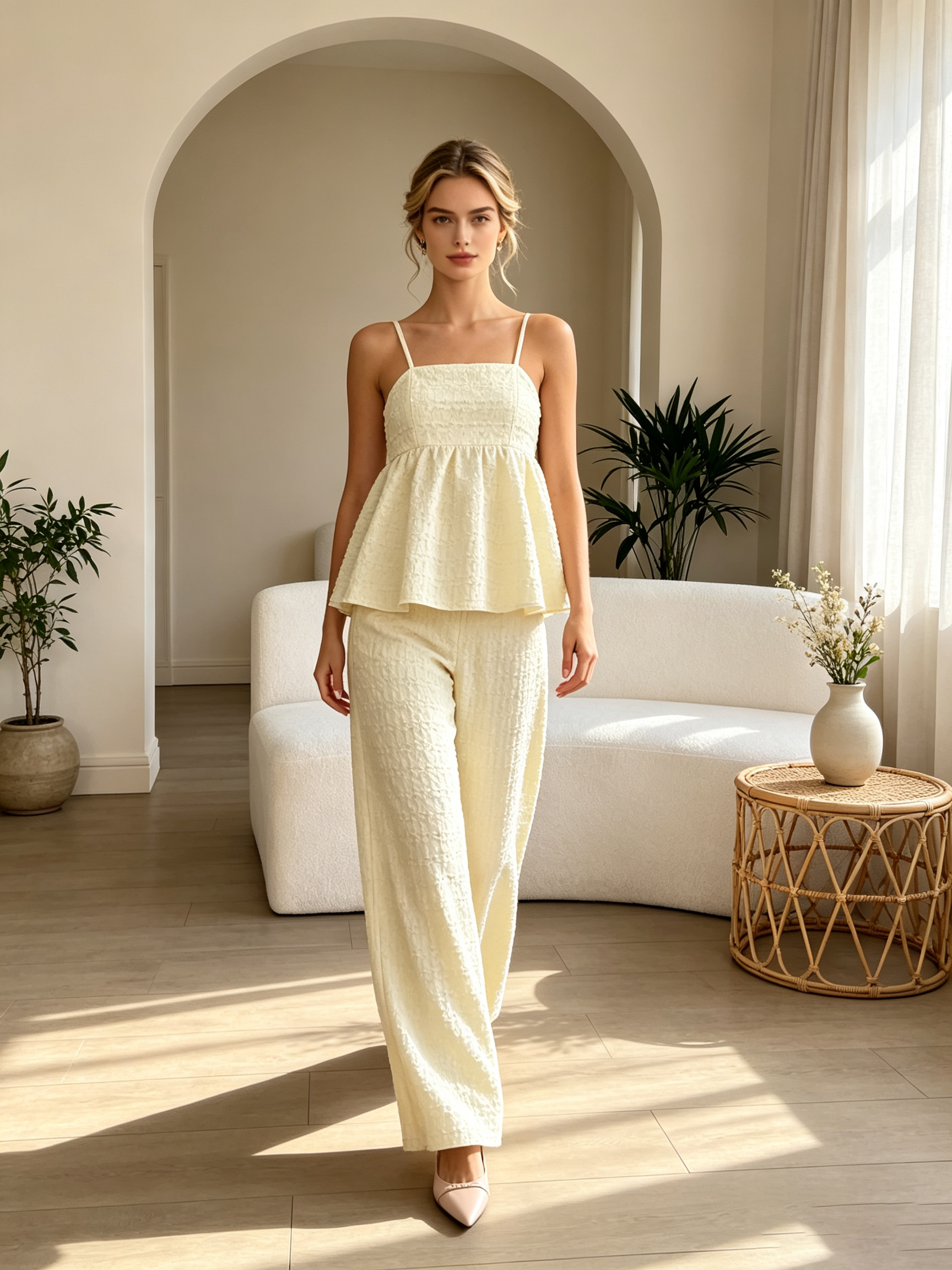 Beige Textured Cami Top and Straight Leg Pants Co-Ord Set