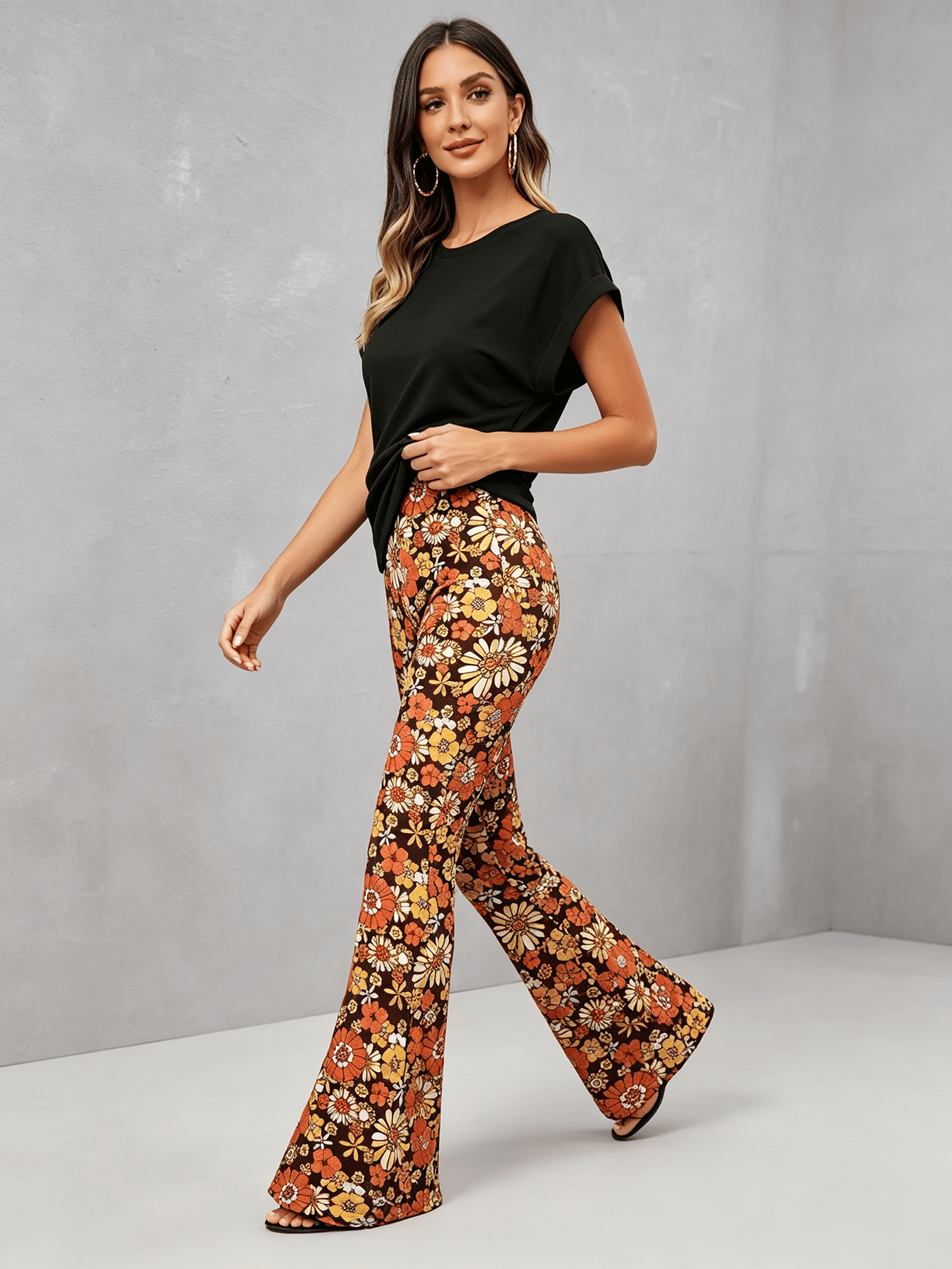 Multi-Color Floral Flare Retro High-Waist Trousers