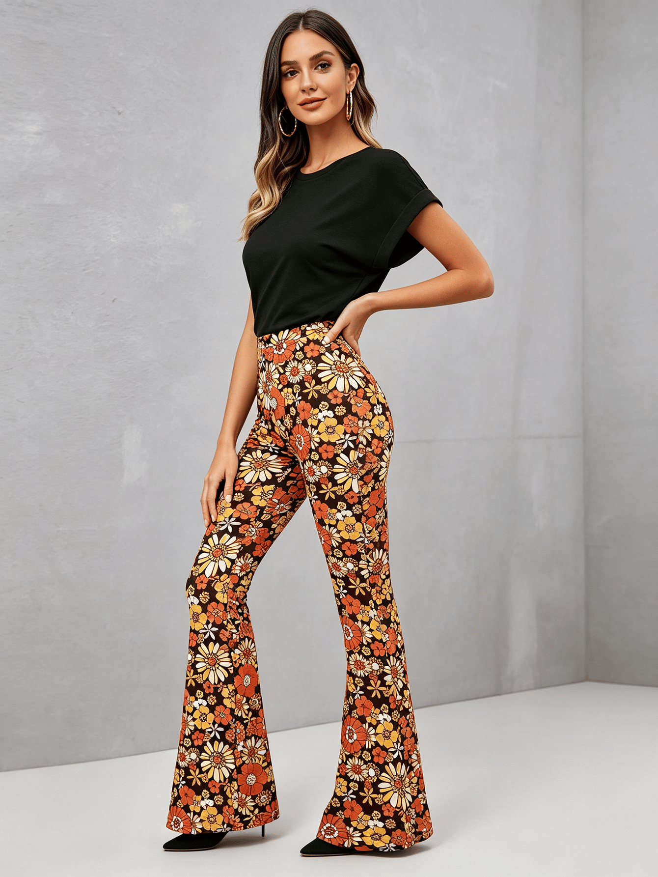 Multi-Color Floral Flare Retro High-Waist Trousers