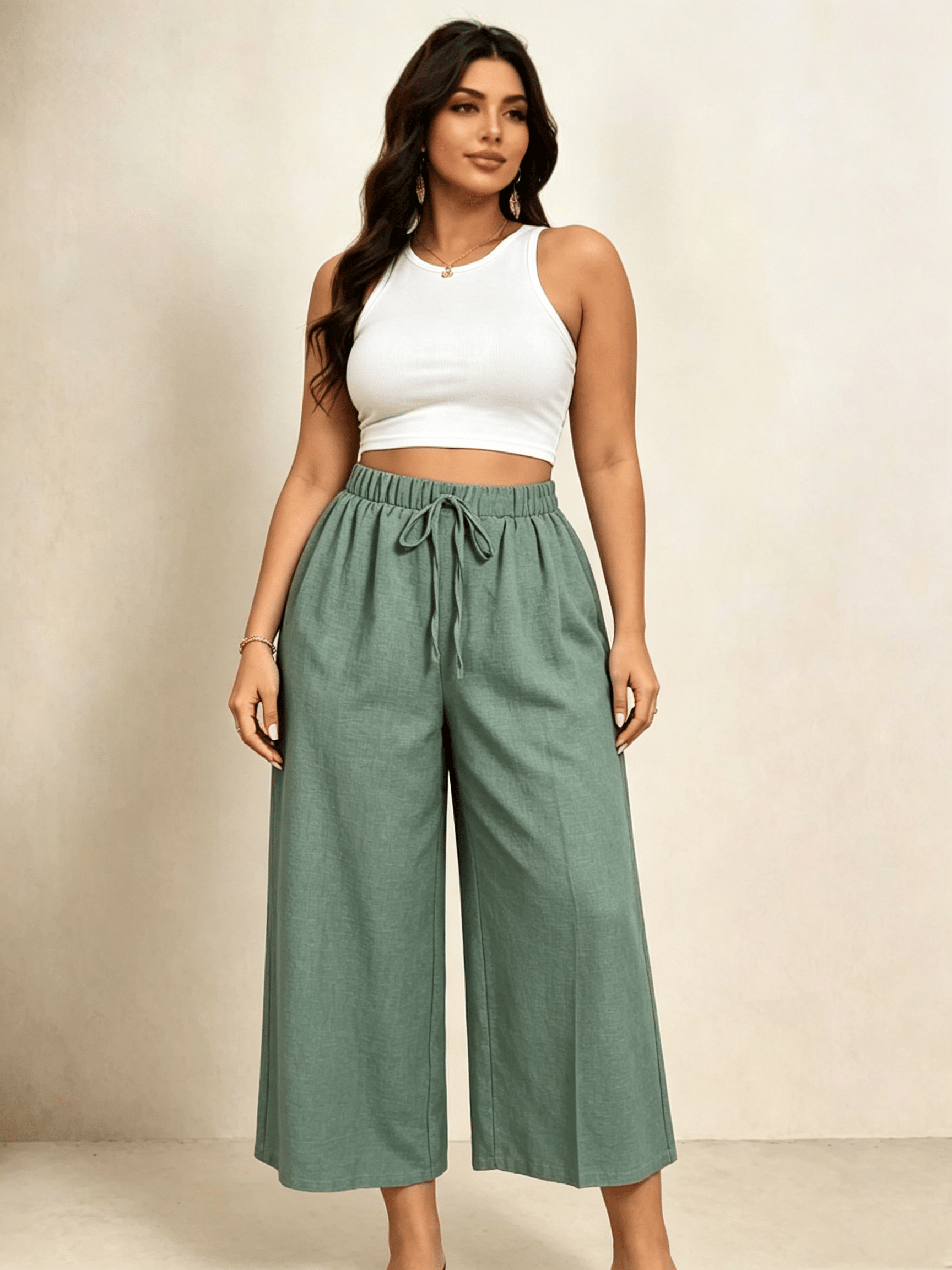 Plus Size Teal Linen Wide Leg Trousers with Drawstring Waist