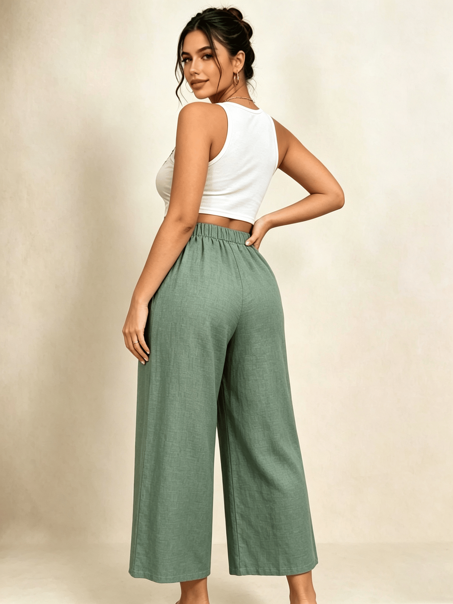 Plus Size Teal Linen Wide Leg Trousers with Drawstring Waist