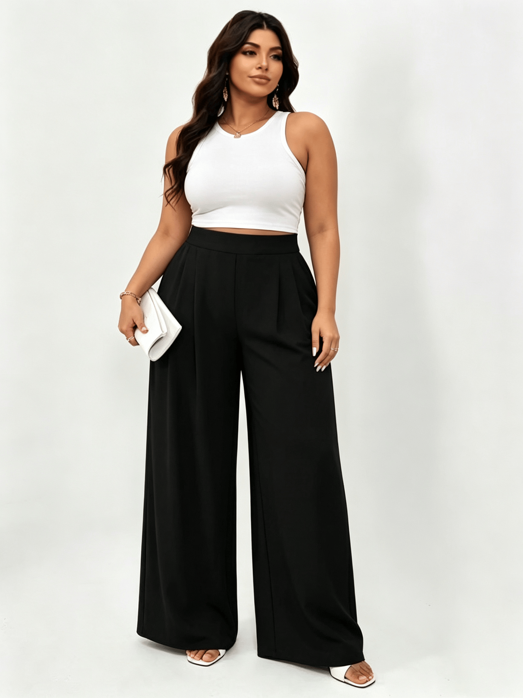 Plus Size Black Wide-Leg Pleated Trousers