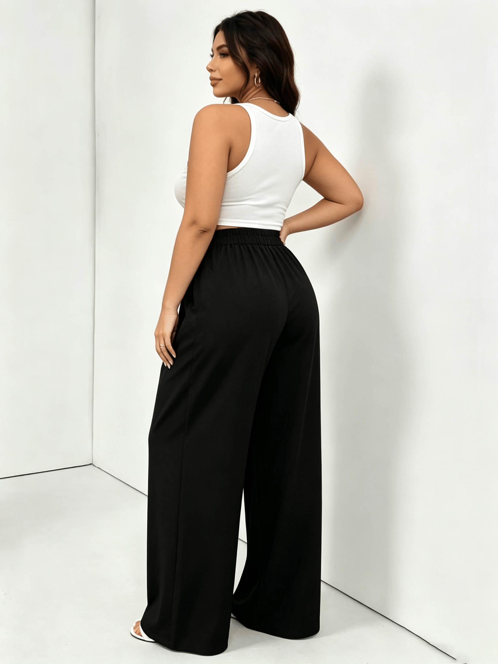 Plus Size Black Wide-Leg Pleated Trousers