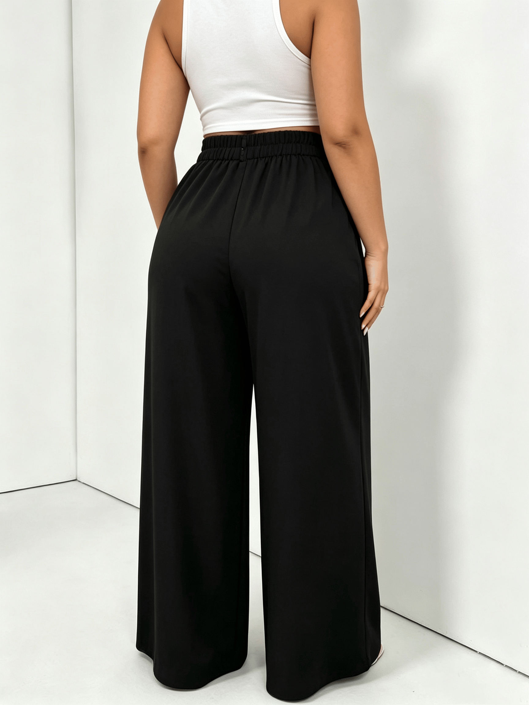 Plus Size Black Wide-Leg Pleated Trousers