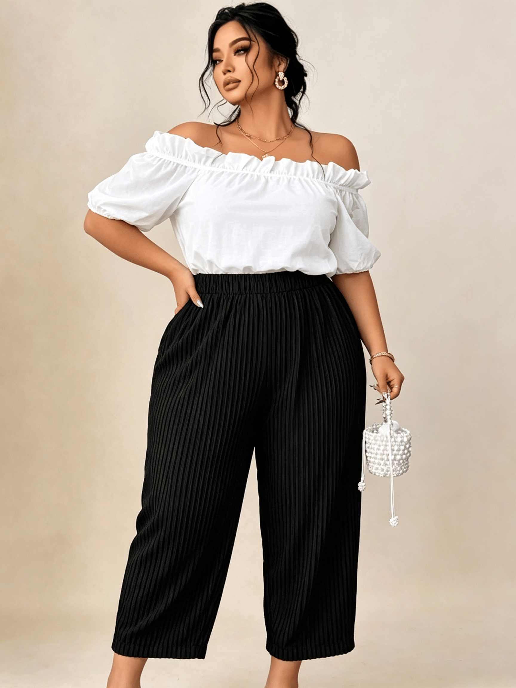 Plus Size Black Pleated Wide-Leg Trousers