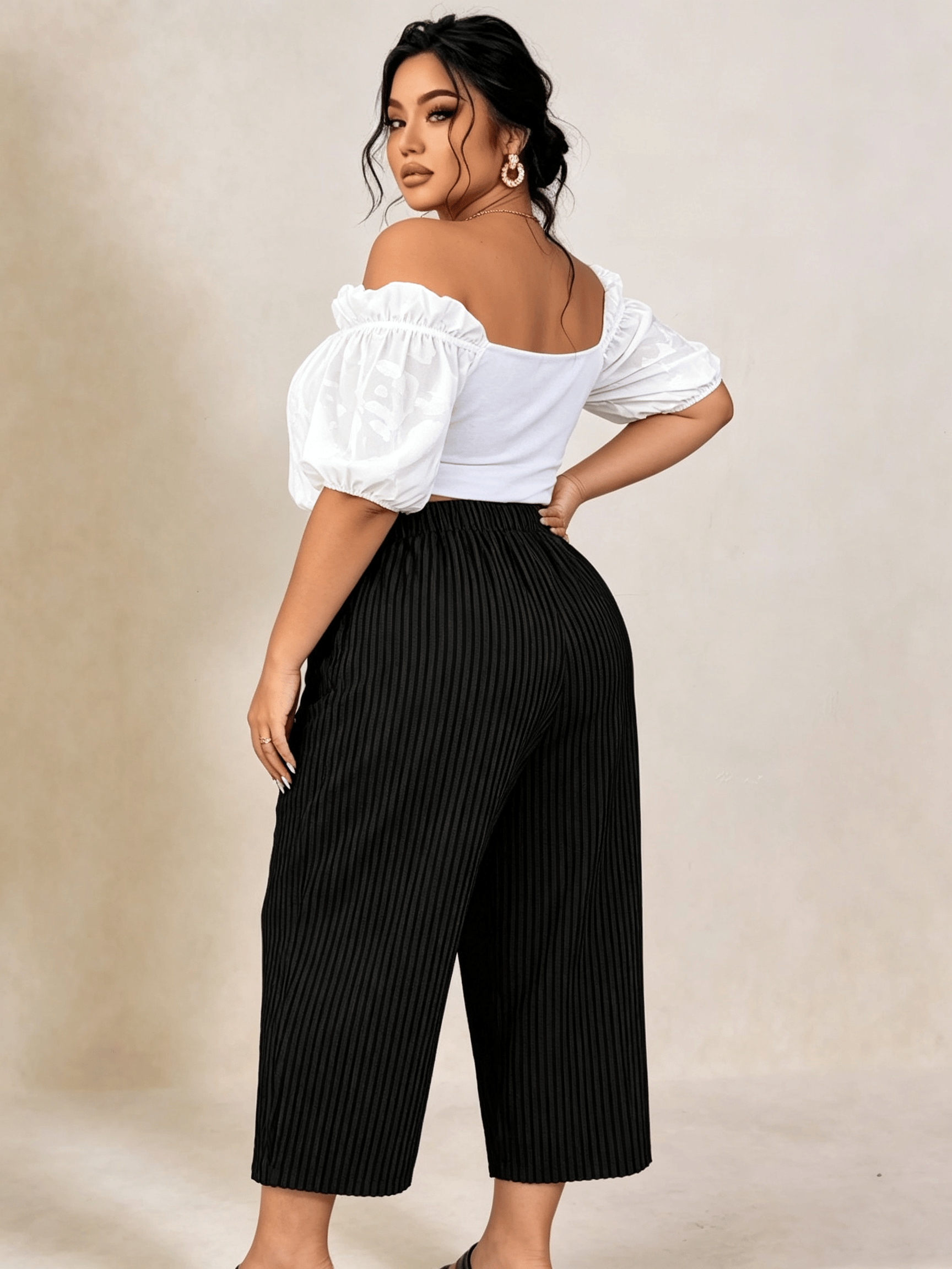 Plus Size Black Pleated Wide-Leg Trousers