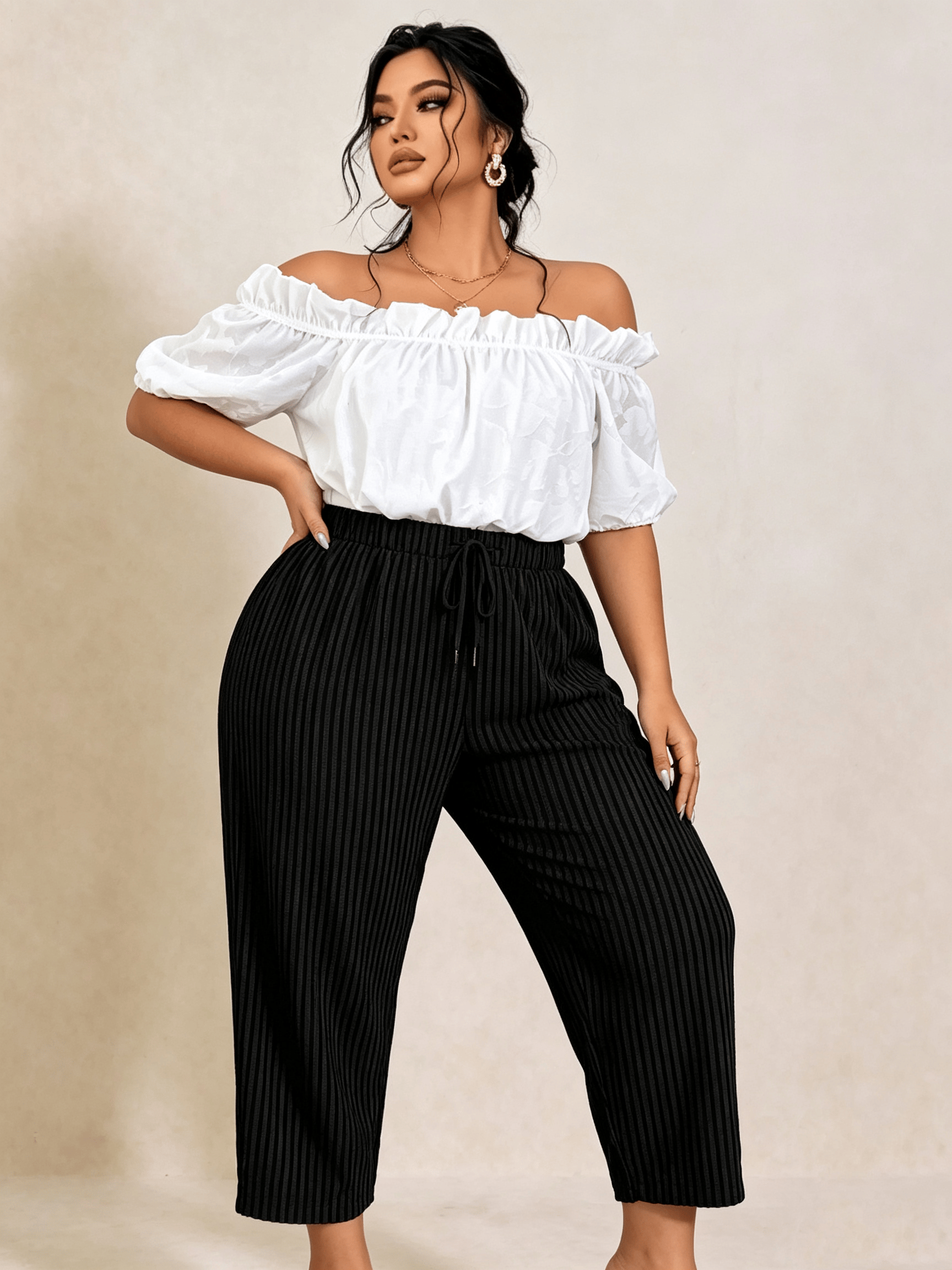 Plus Size Black Pleated Wide-Leg Trousers