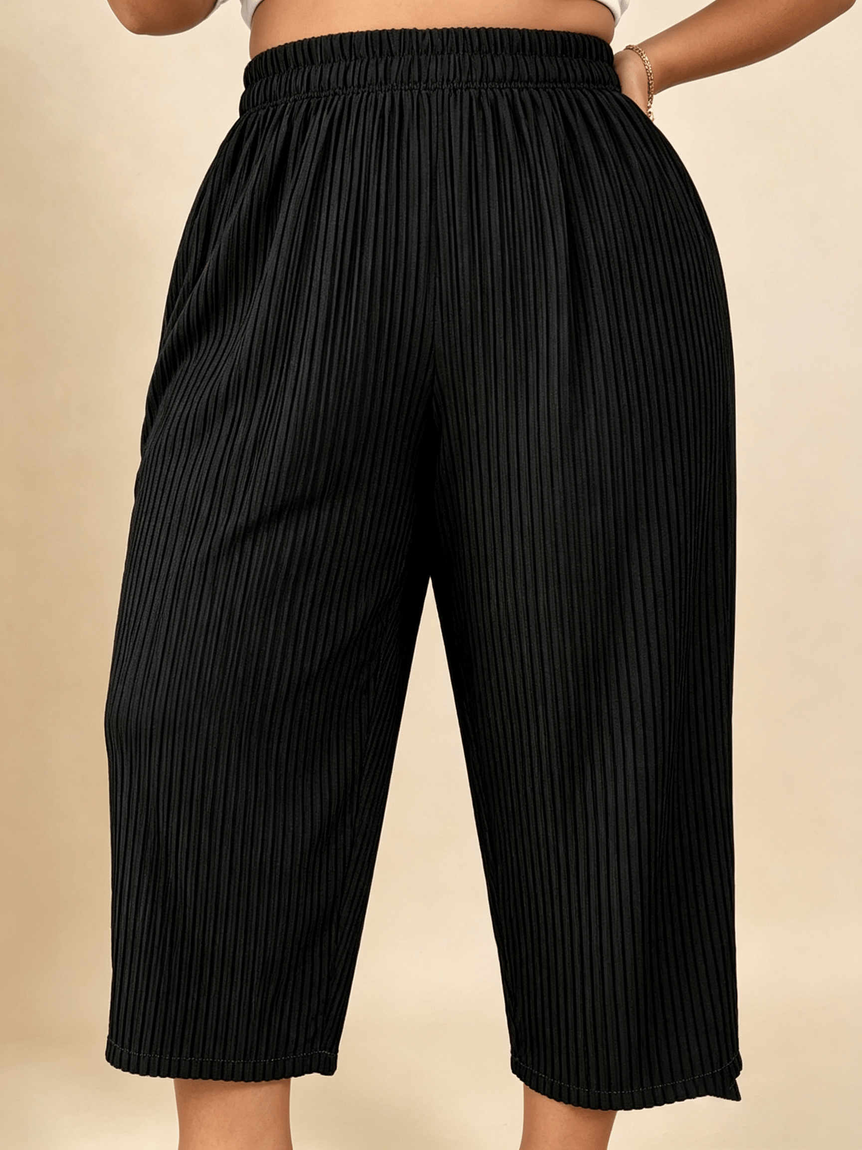 Plus Size Black Pleated Wide-Leg Trousers