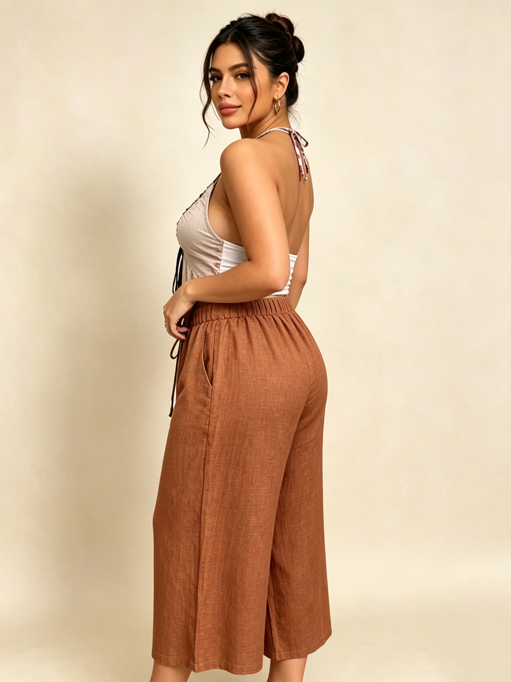 Plus Size Rust Linen-Look Wide-Leg Trousers with Drawstring Waist