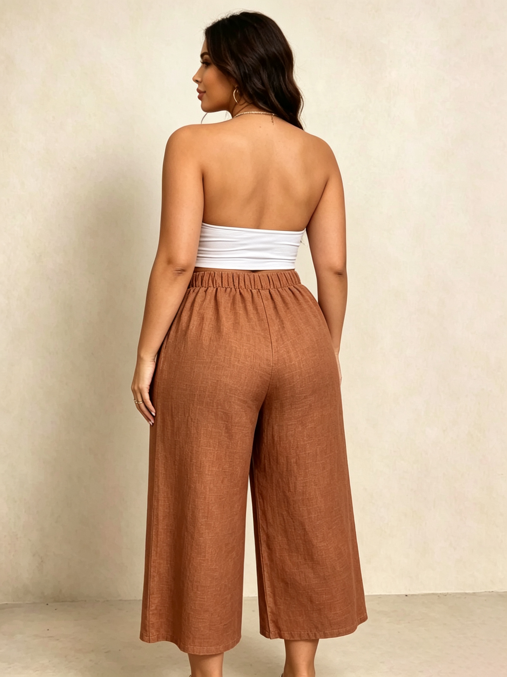 Plus Size Rust Linen-Look Wide-Leg Trousers with Drawstring Waist