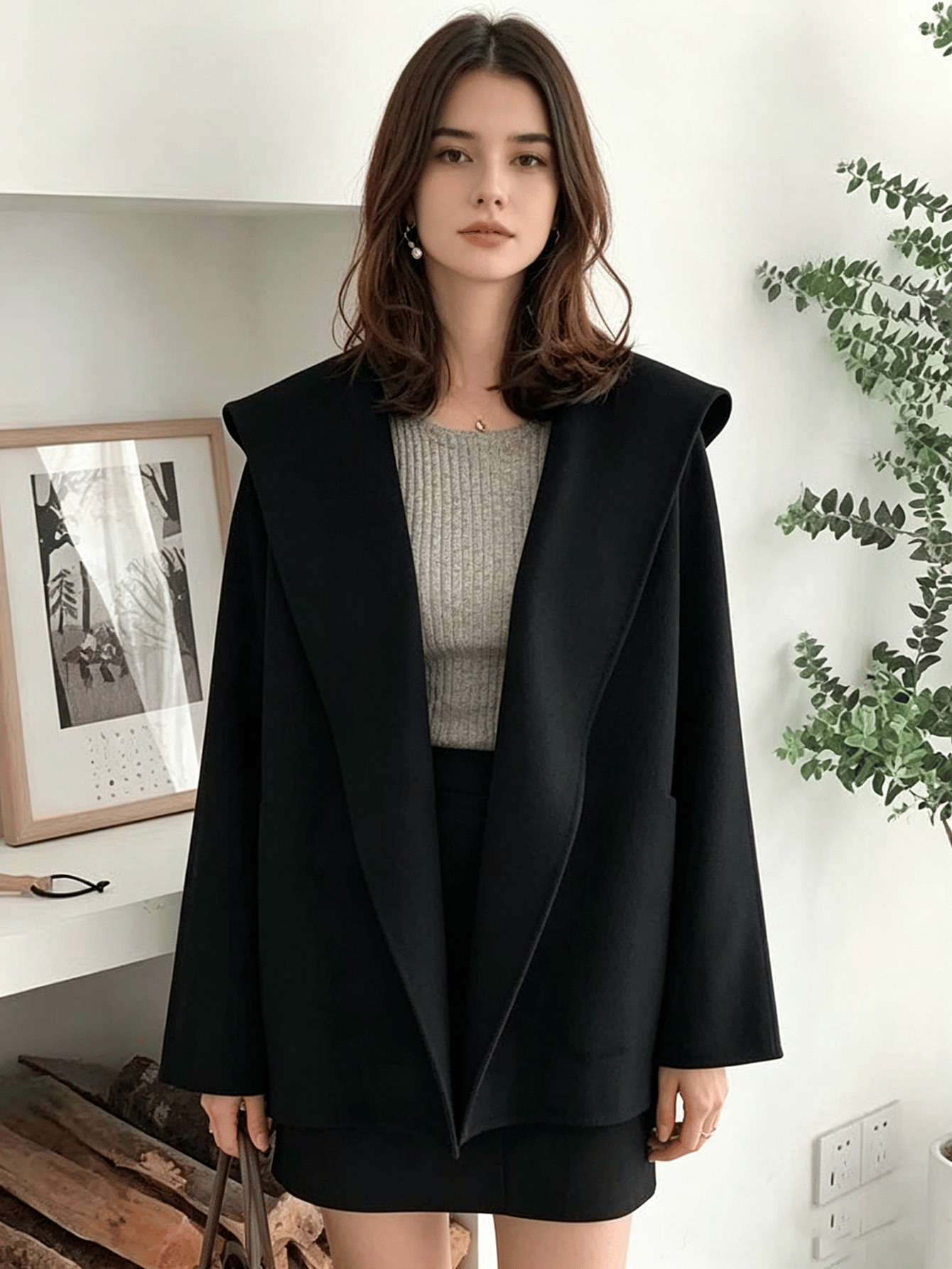 Black Longline Double-Breasted Wool Blend Coat