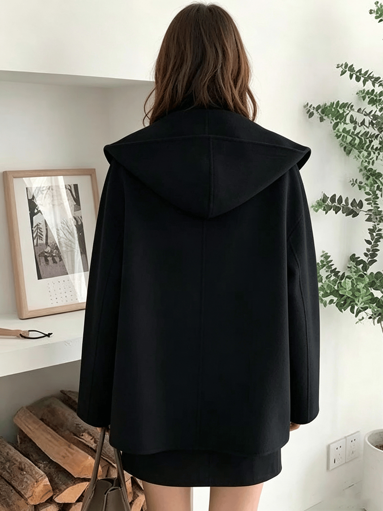 Black Longline Double-Breasted Wool Blend Coat