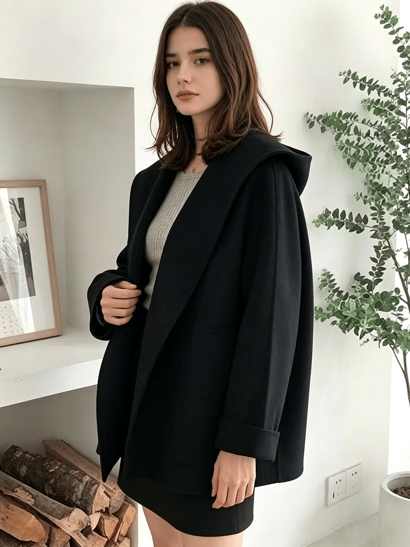 Black Longline Double-Breasted Wool Blend Coat