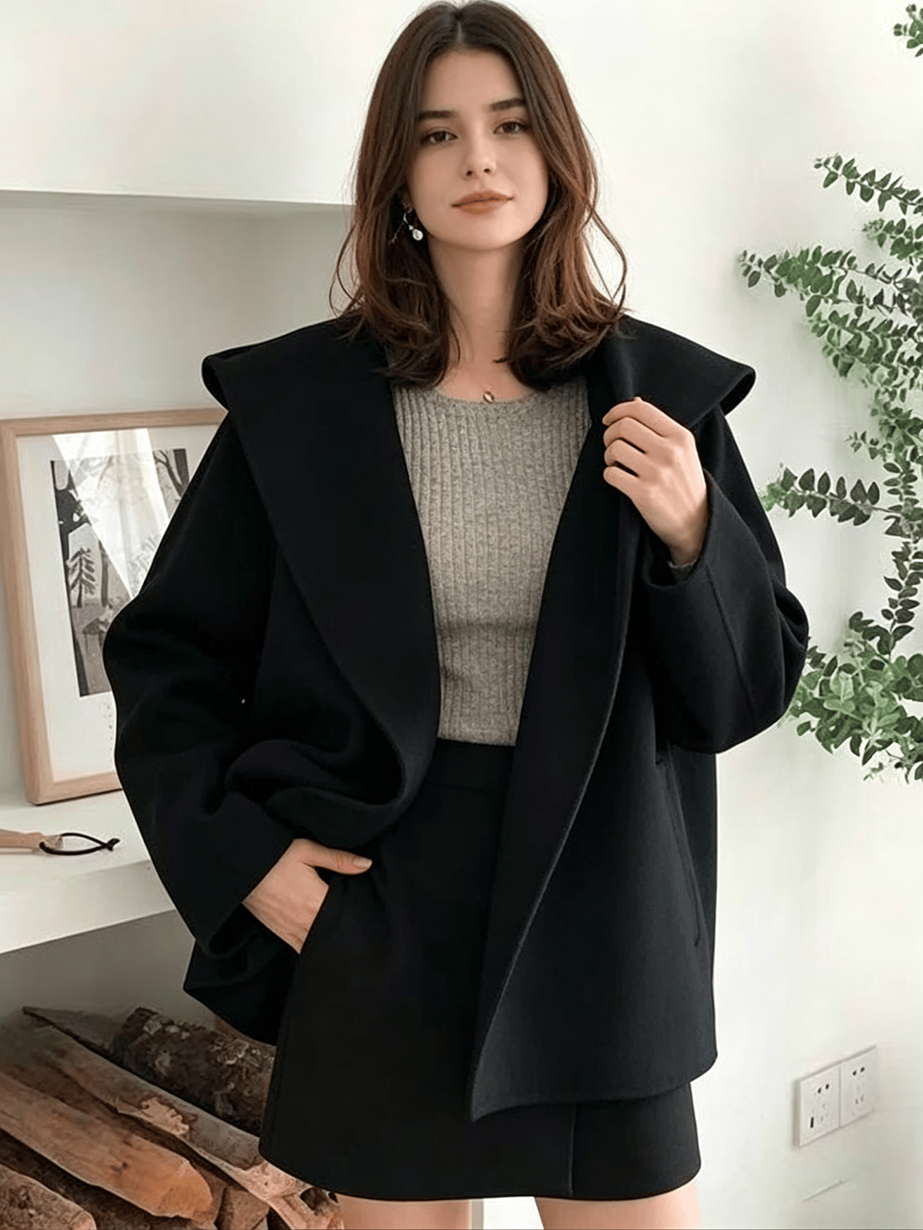 Black Longline Double-Breasted Wool Blend Coat