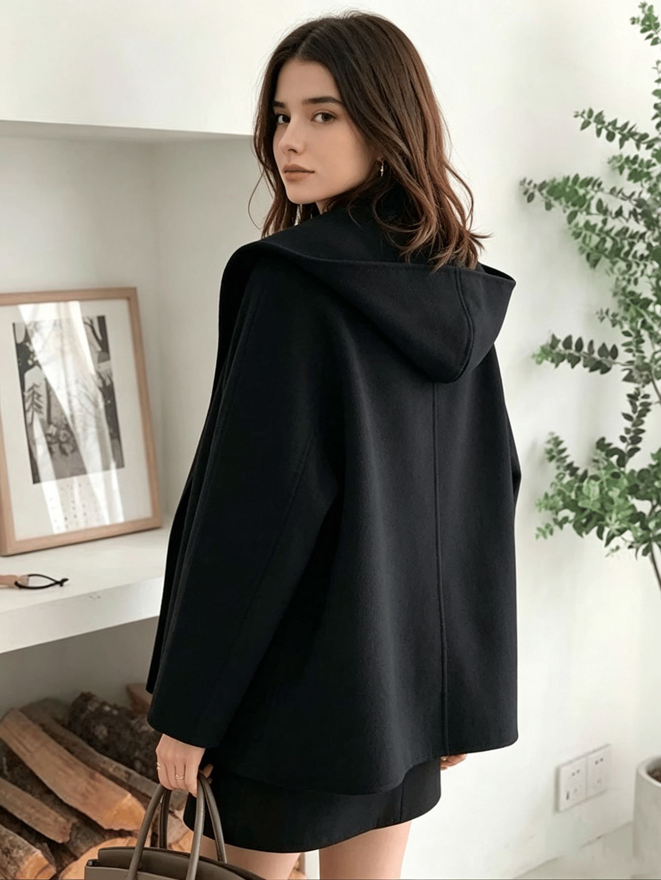 Black Longline Double-Breasted Wool Blend Coat