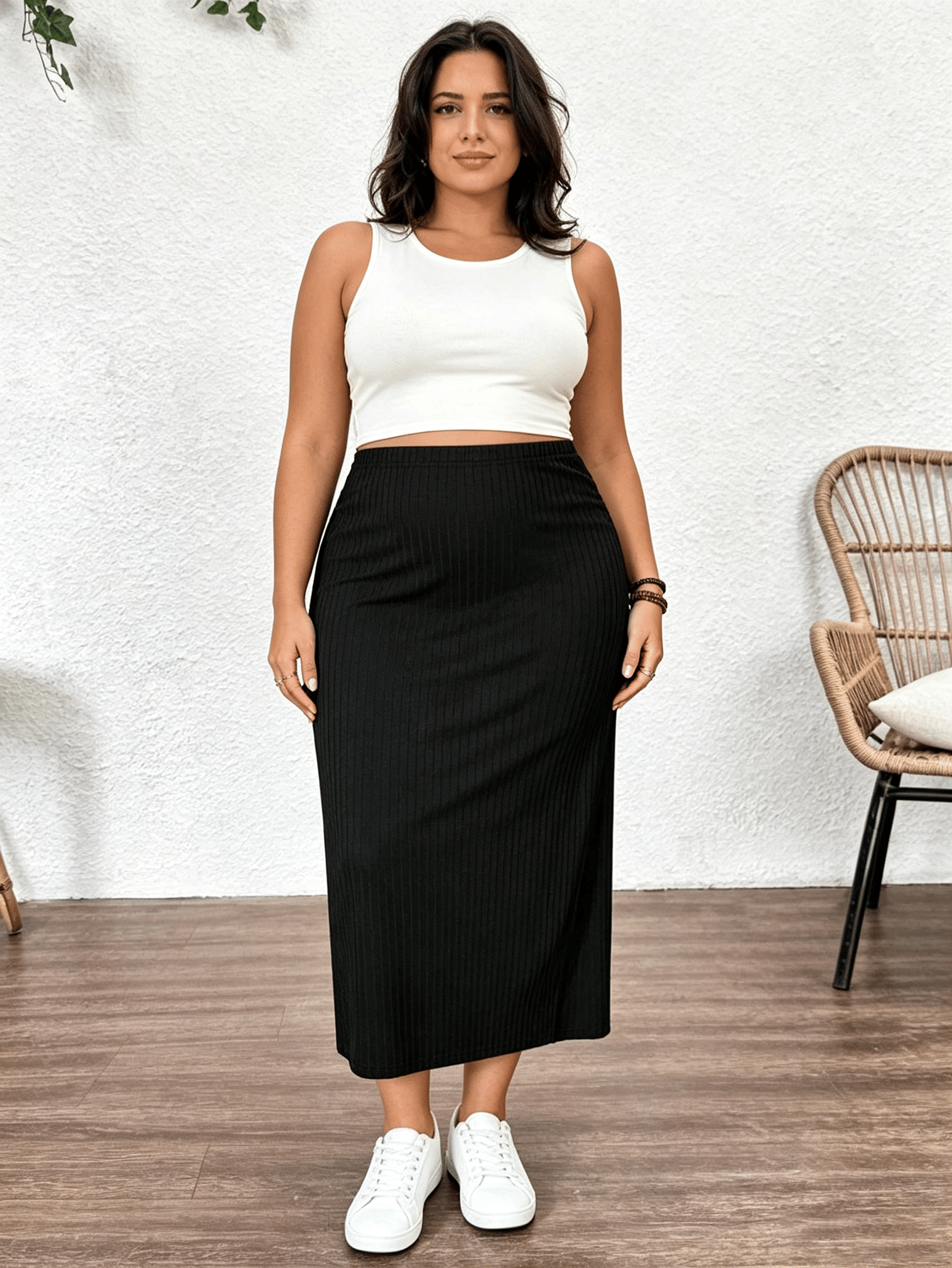 Plus Size Black Ribbed Knit Midi Skirt