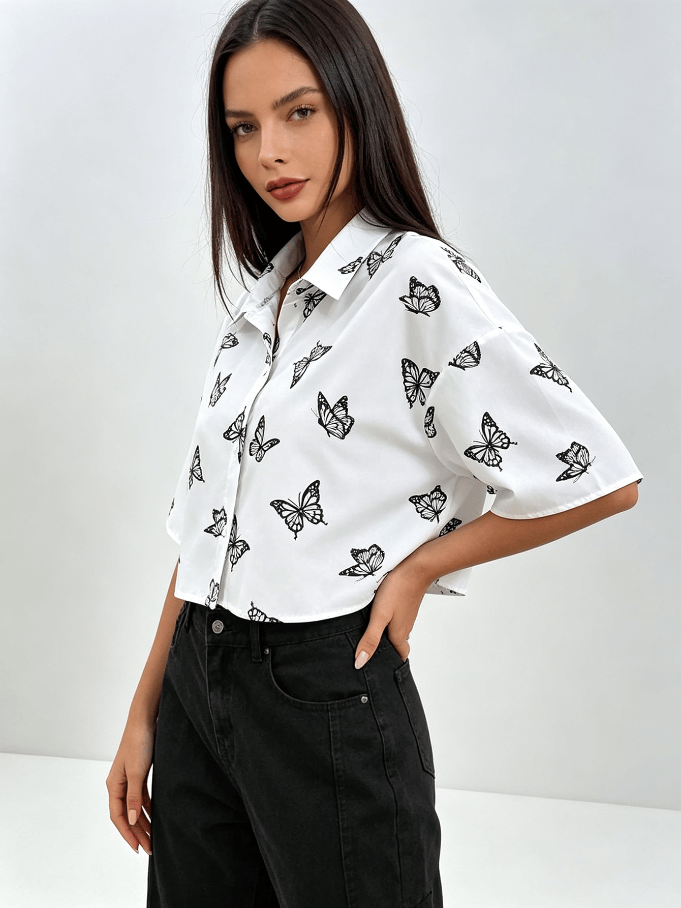 Butterfly Print Loose Fit Long Sleeve Shirt