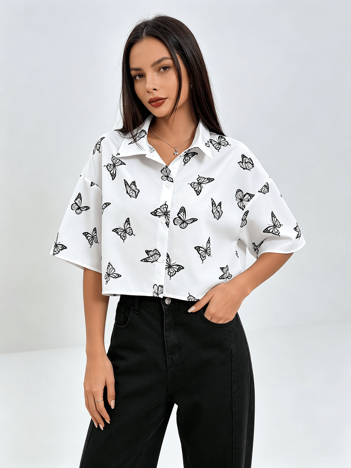 Butterfly Print Loose Fit Long Sleeve Shirt