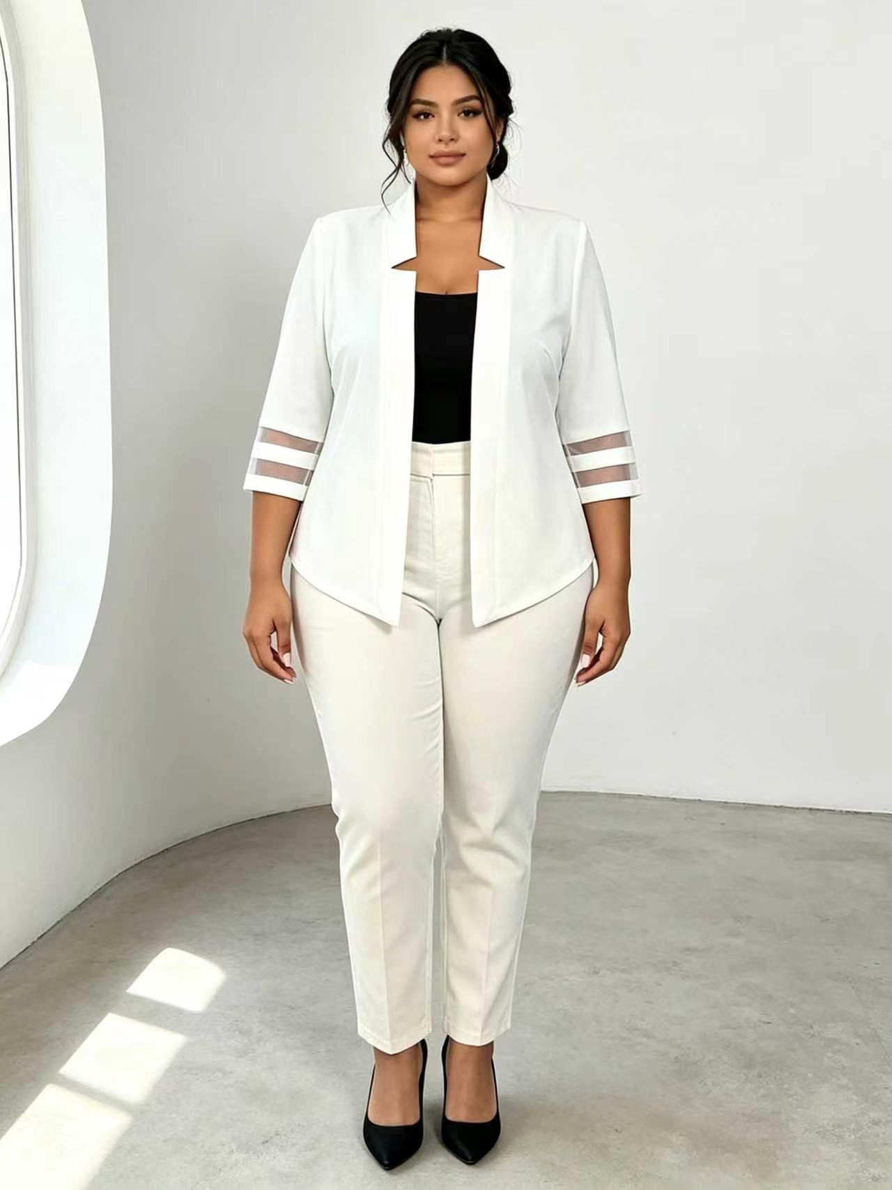Plus Size White Mesh Splicing 3/4 Sleeve Open Blazer Jacket