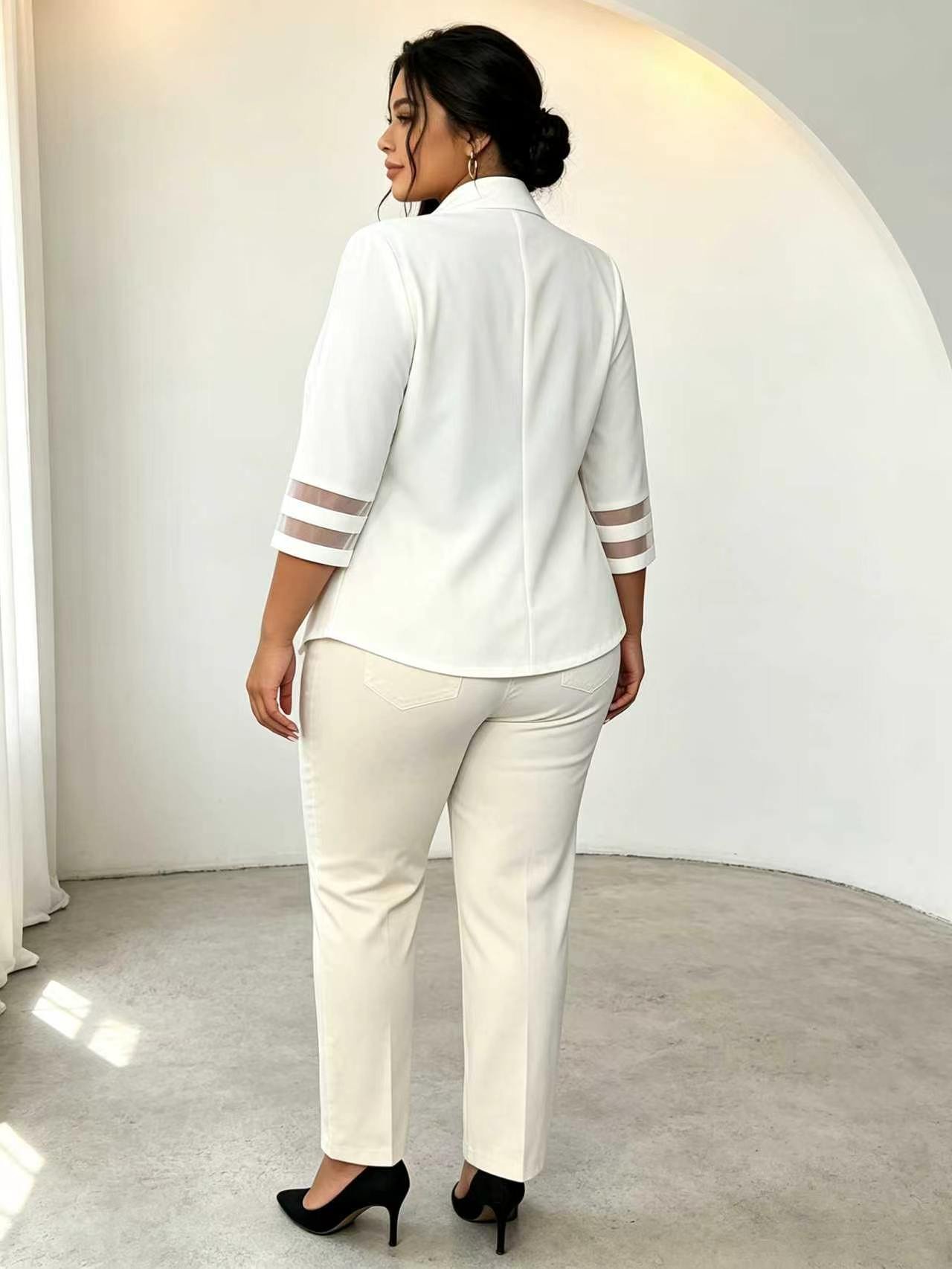 Plus Size White Mesh Splicing 3/4 Sleeve Open Blazer Jacket