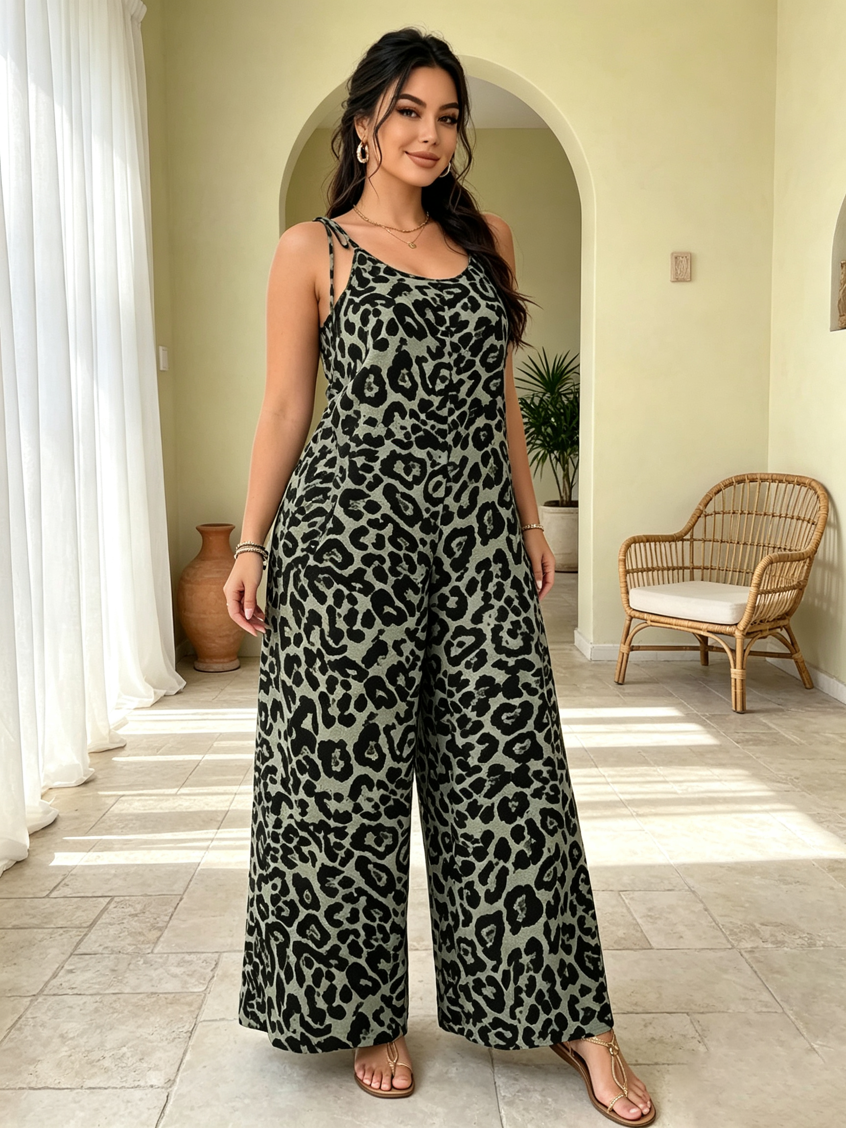 Plus Size Leopard Print Wide-Leg Jumpsuit - Spaghetti Strap