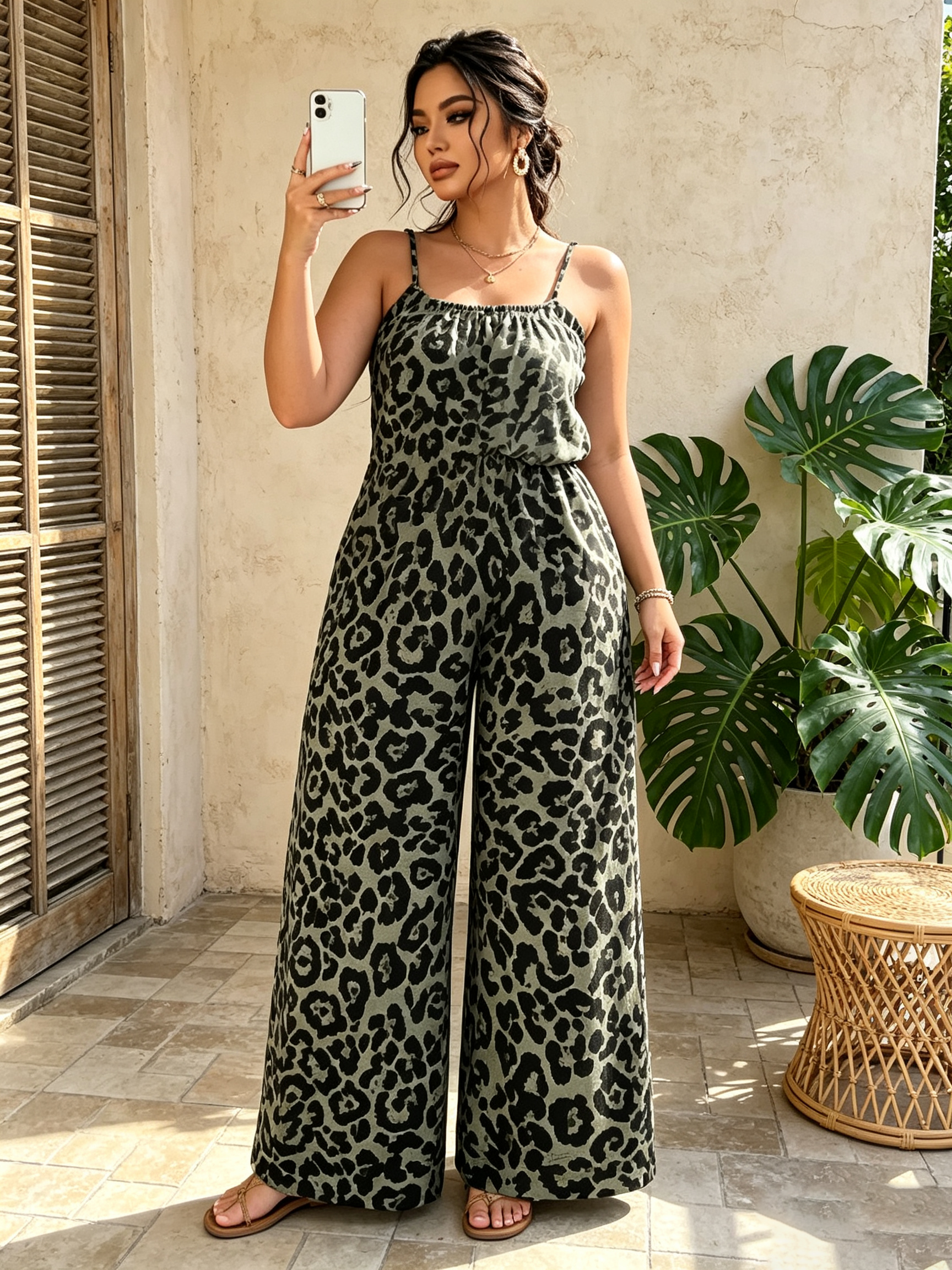 Plus Size Leopard Print Wide-Leg Jumpsuit - Spaghetti Strap