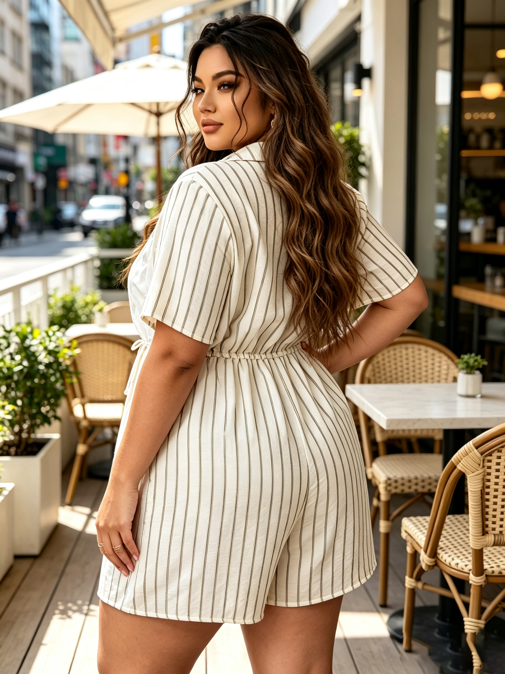Pluse Size Multi-Color Striped V-Neck Tie-Waist Romper