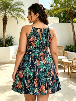 Plus-Size Tropical Print Strappy Dress with Tie-Waist