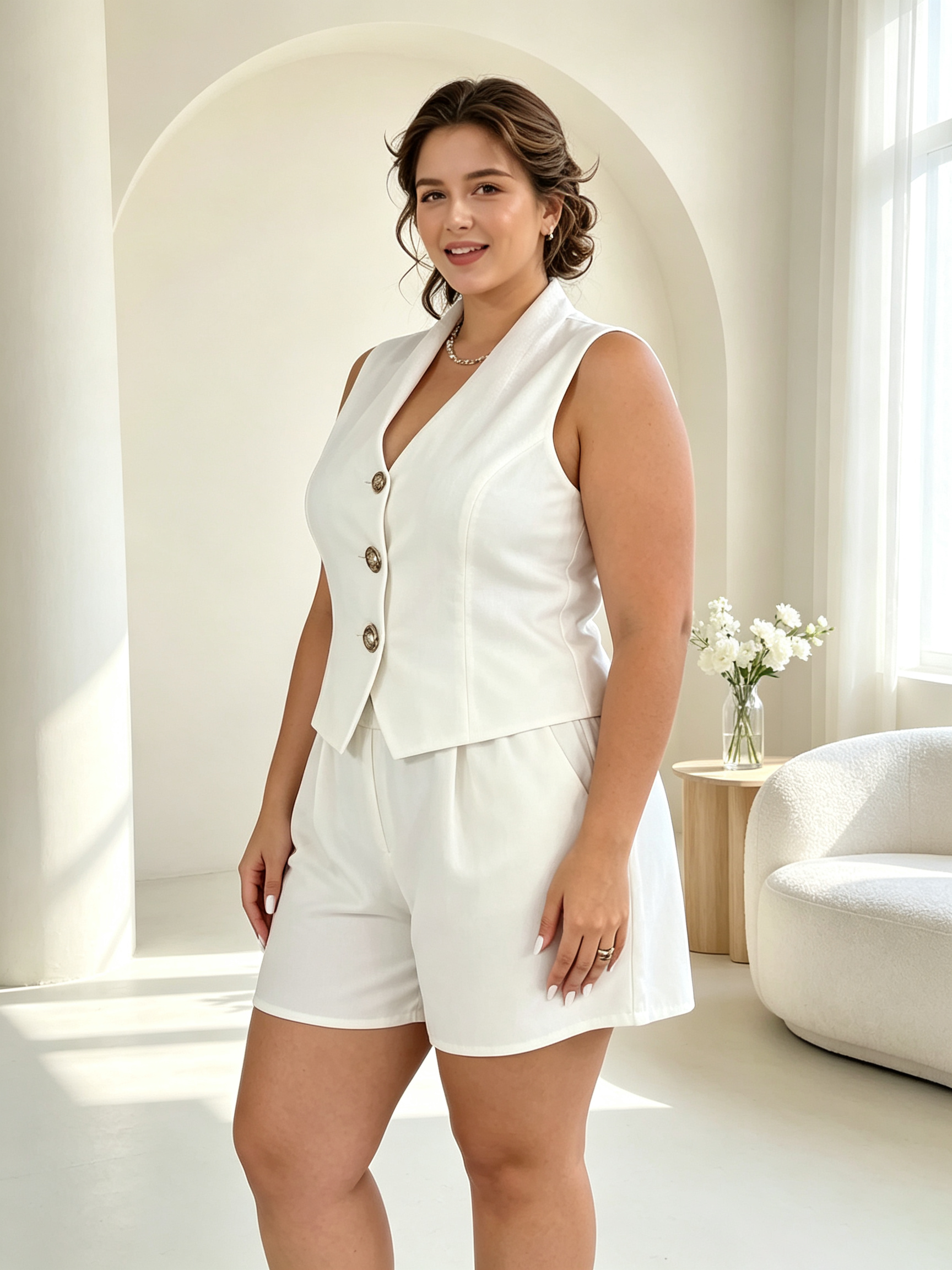 Plus Size White Sleeveless Vest and Shorts Set